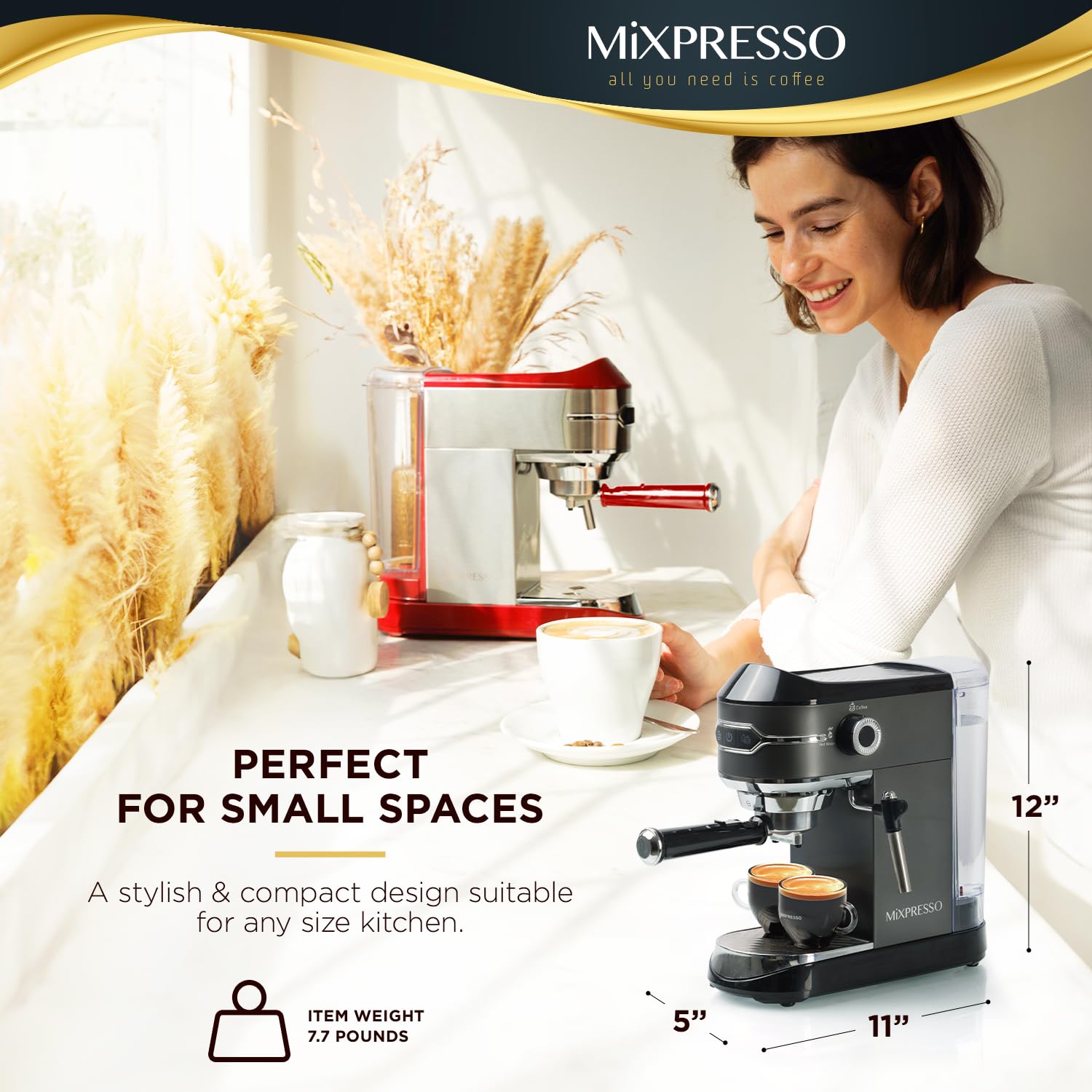 Mixpresso Professional 15 Bar Espresso Machine with Milk Frother - Fast Heating 1450W, Double Cup Splitter & 37Oz Water Tank - Perfect for Home Baristas Making Espresso, Cappuccino & Latte (Ideal for Small Kitchens, Offices & Coffee Enthusiasts)
