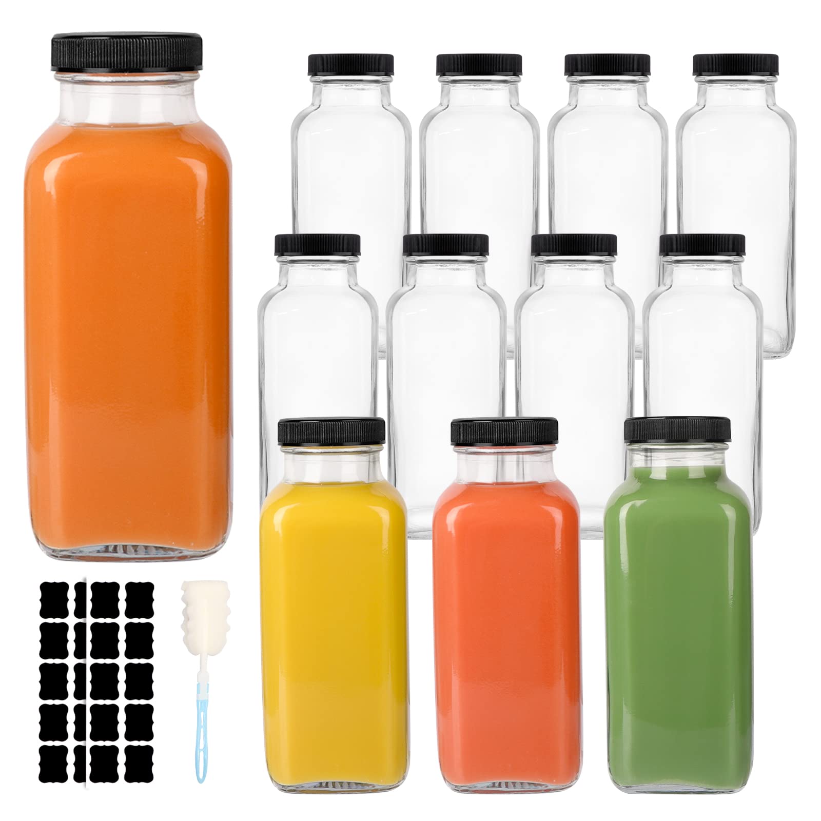 12 Pack 12oz Vintage Square Glass Drink Bottles with Lids - Reusable Juice & Beverage Containers for Milk, Kombucha, Smoothies - Perfect for Home, Office, Picnics & Meal Prep