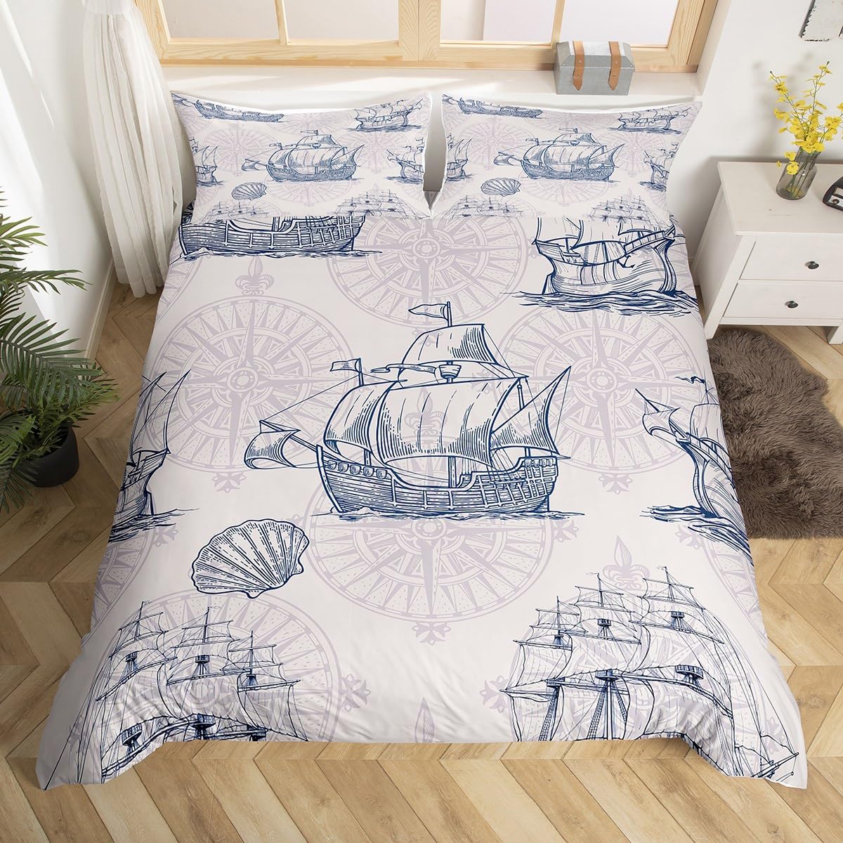 Erosebridal Nautical Decor Duvet Cover Set - Sailboat Quilt Cover Queen Size Blue Vintage Style Microfiber Bedding Set for Kids, Teens & Adults | Perfect for Coastal Themed Bedrooms, Guest Rooms & Vacation Homes