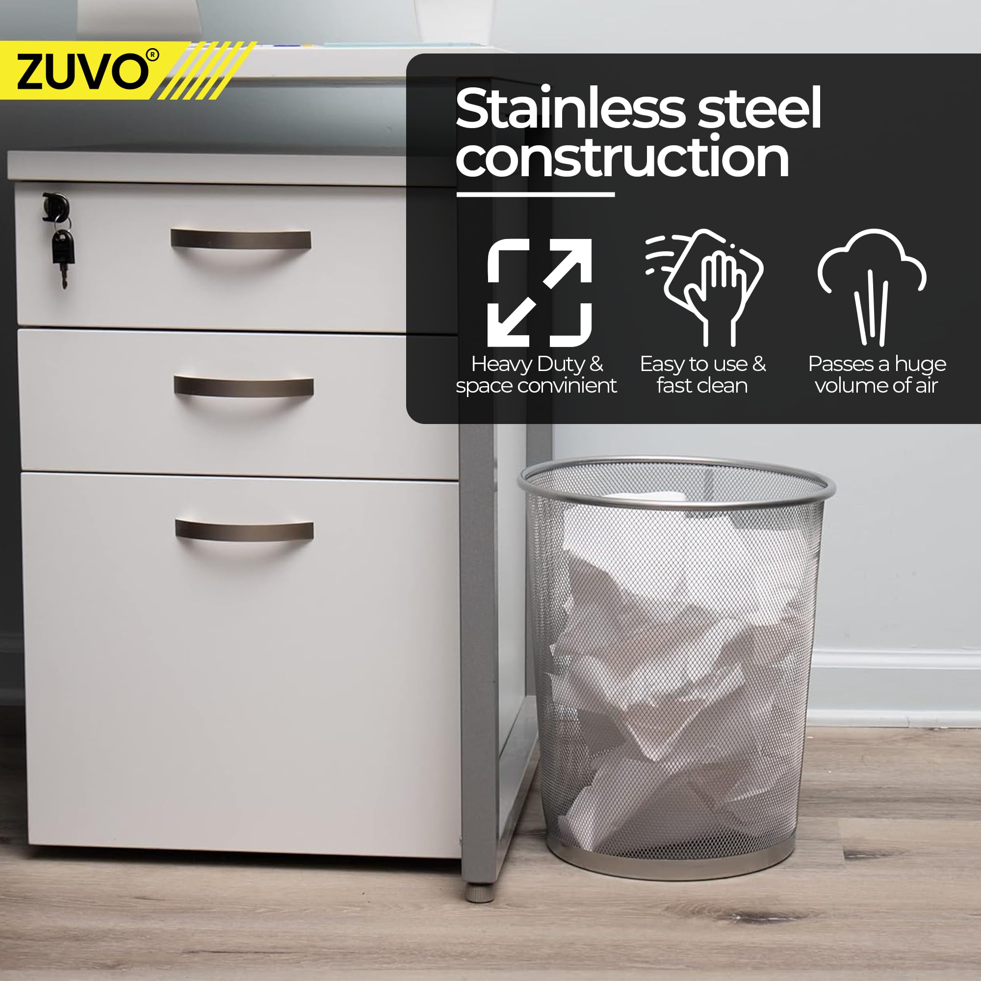 Zuvo Circular Mesh Waste Paper Bin - Lightweight Metal Trash Can for Kitchen, Office, Dorm, Living Room & Bedroom | Small Silver Garbage Basket (10.6 x 9.4 Inches) | Perfect for Desk Waste Disposal & Home Organization