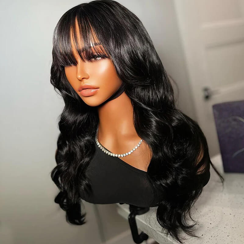 Eullair 12A Pre Cut Lace Closure Body Wave Human Hair Wig with Air Bangs - Brazilian Virgin Hair Wigs for Black Women | Natural Layered Cut, Blow Out Wavy Style for Daily Wear & Special Occasions
