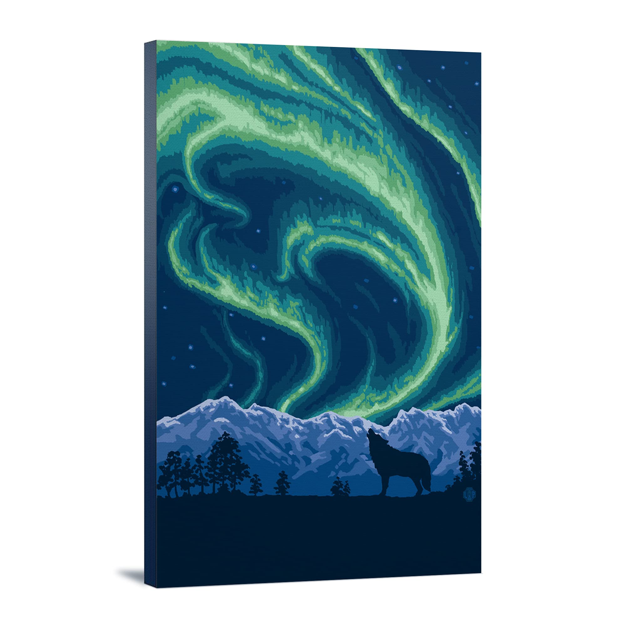 Lantern Press Northern Lights and Wolf Wall Art - 16x24 Wrapped Canvas Print for Home Decor, Living Room, Bedroom & Office | Aurora Borealis Wildlife Painting