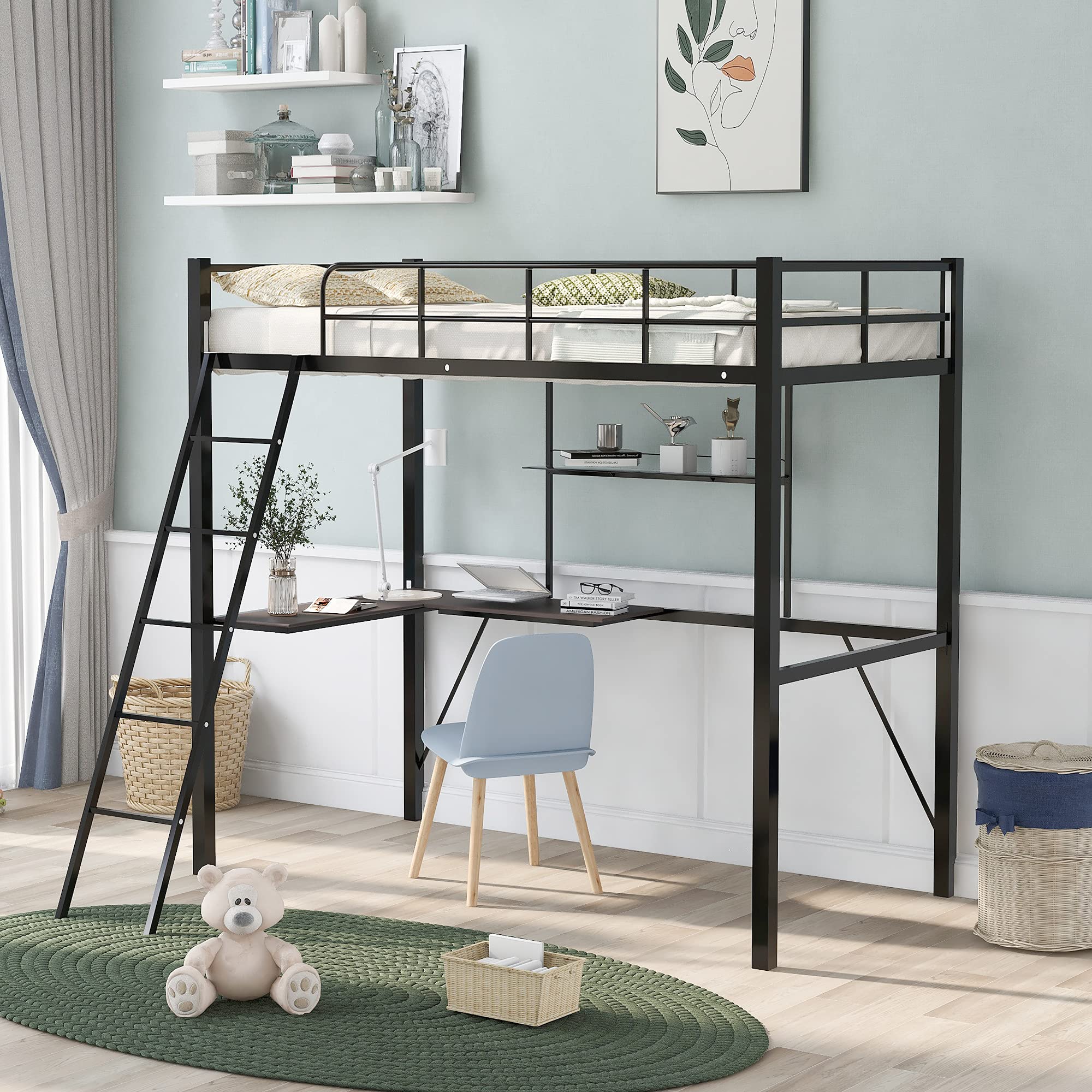 **Black Twin Metal Loft Bed with L-Shaped Desk & Shelf - Sturdy Double Loft Bed for Kids & Teens, No Box Spring Needed - Perfect for Small Bedrooms, Dorms & Shared Spaces**
