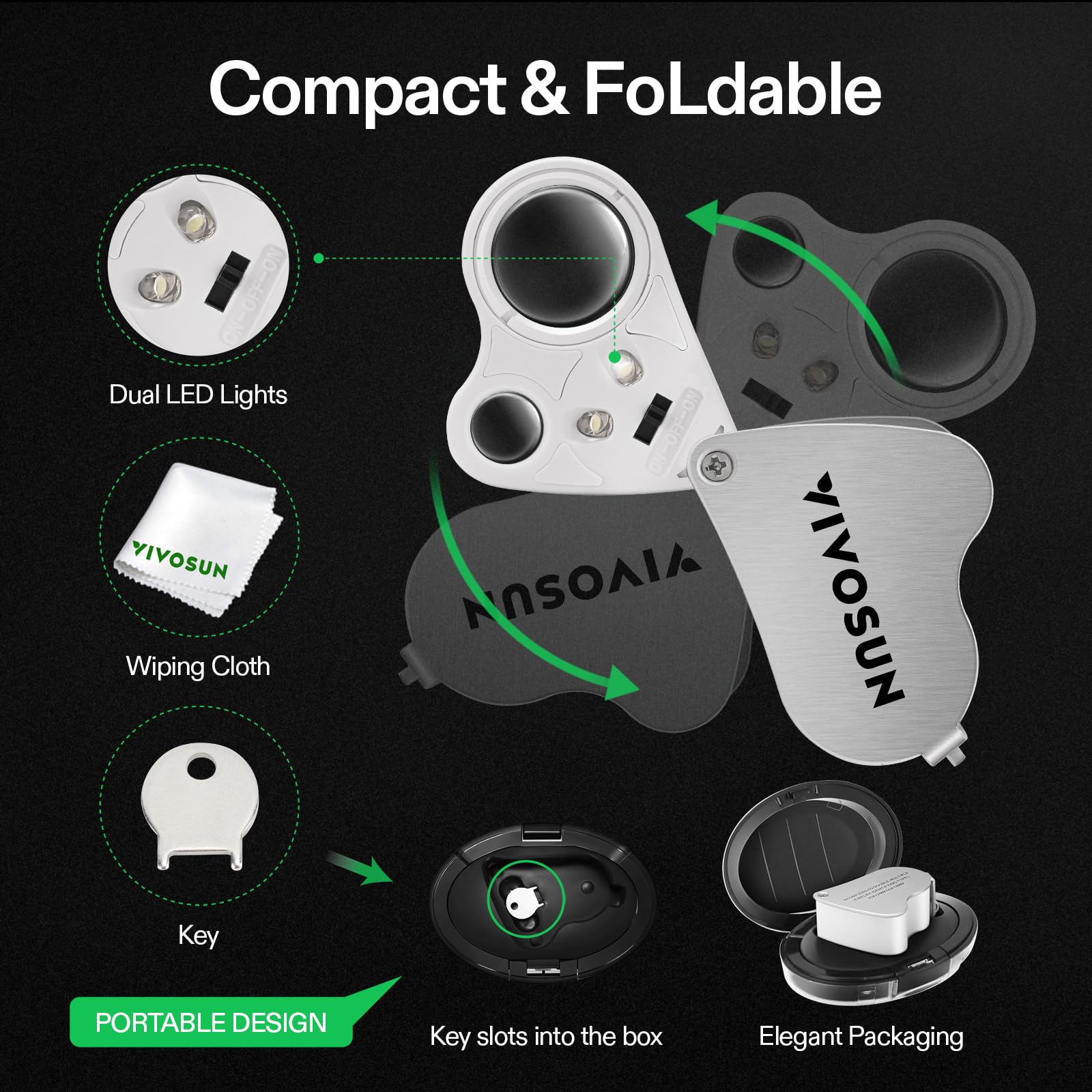 VIVOSUN 2-Pack 30X 60X Illuminated Jewelers Loupe with LED Light - Foldable Magnifying Glass for Jewelry, Gems, Watches, Coins & Stamp Collecting - Perfect for Hobbyists, Antique Appraisals & Close Inspection Work