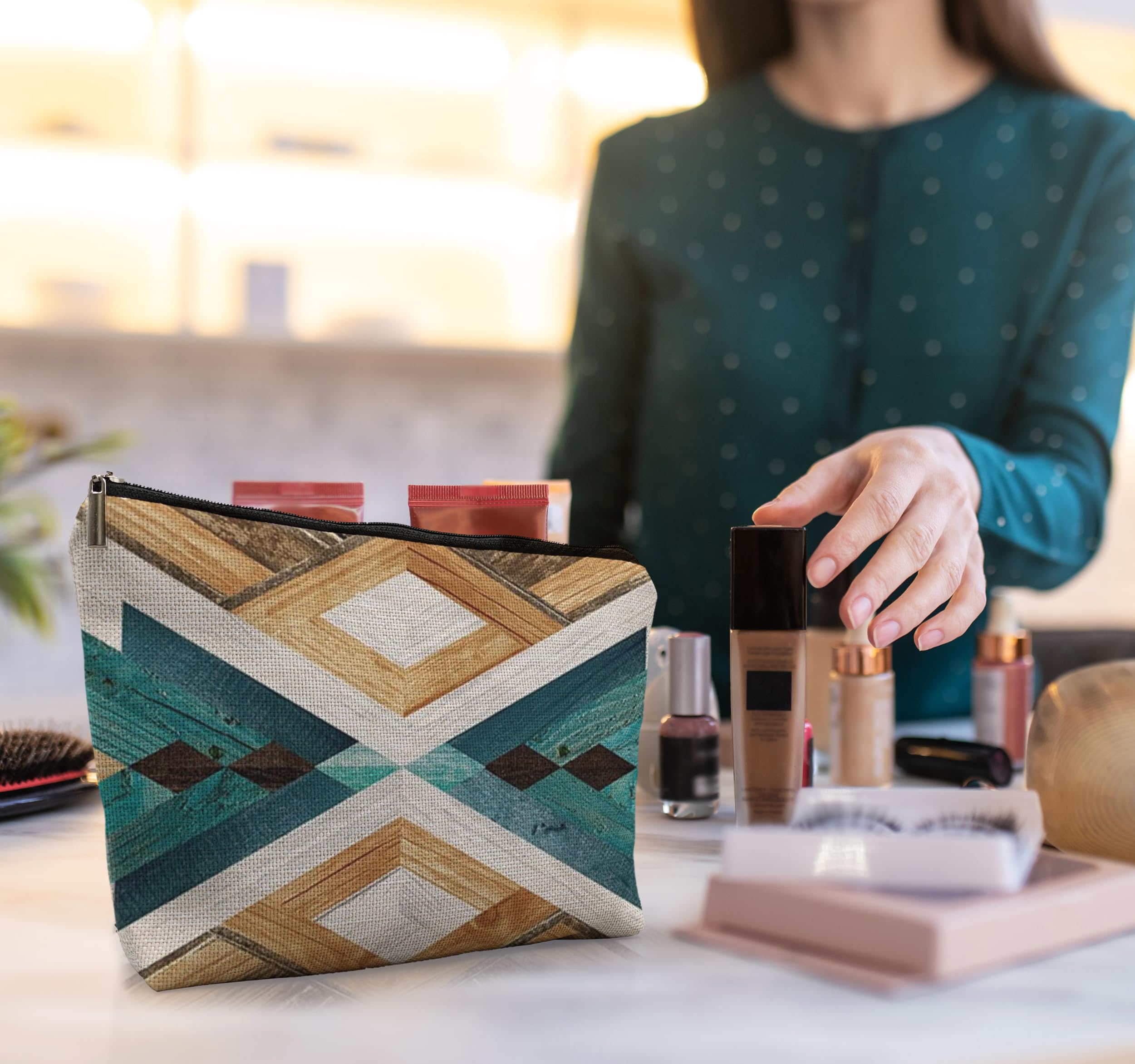 Aztec Makeup Bag for Women - Southwestern Navajo Cosmetic Pouch with Geometric Wood Art Design, Western Style Travel Organizer | Perfect for Purse, Gym & Vacation Accessories
