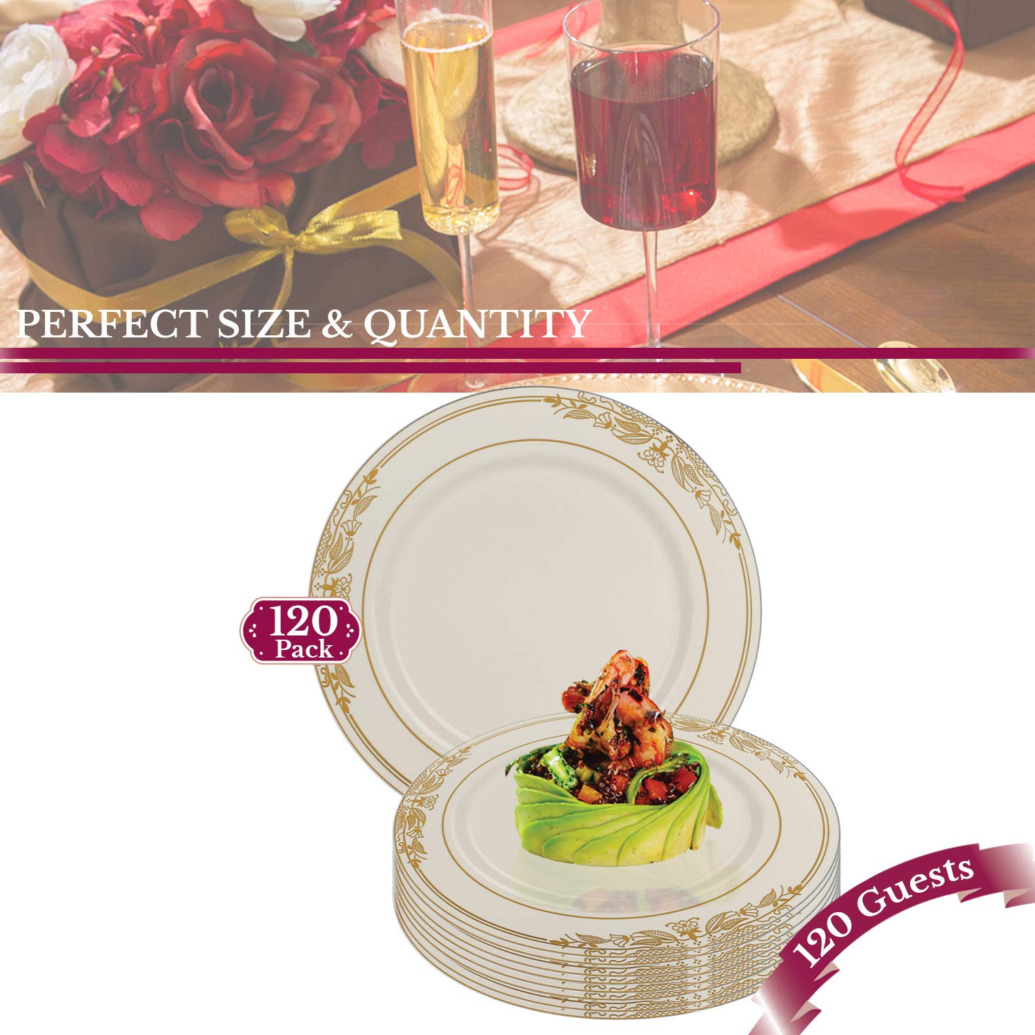 Elegant Disposable Plastic Dinnerware Set - Heavy Duty Fancy Design Plates for Wedding, Birthday Party & Special Events | Ivory Gold 10.25