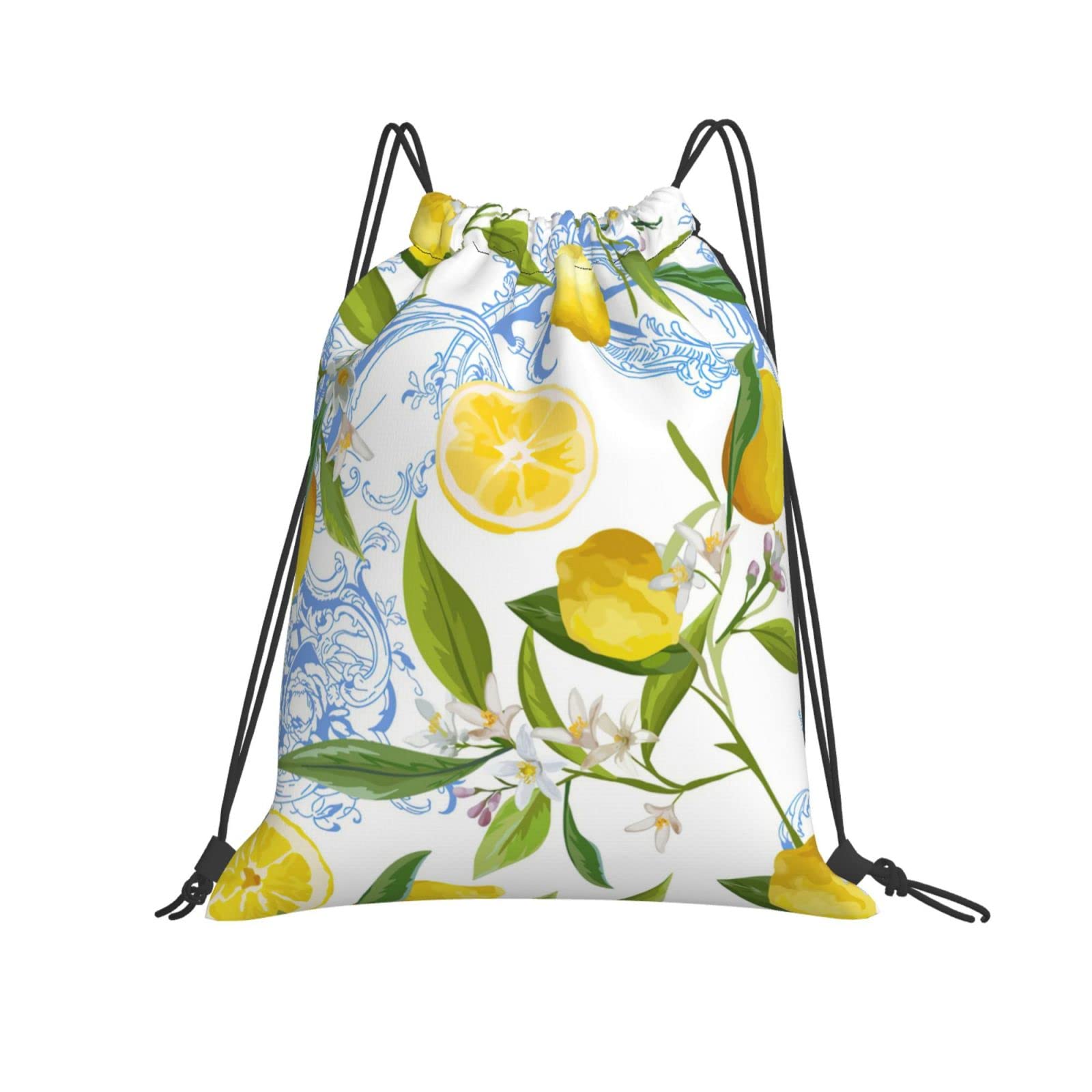 Blue Lemon Tropical Fruits Leaves Drawstring Backpack - Lightweight Beach Bag for Gym, Yoga, Sports & Travel - Perfect for Women & Men - Great for Beach Outings, Fitness Classes & Outdoor Adventures