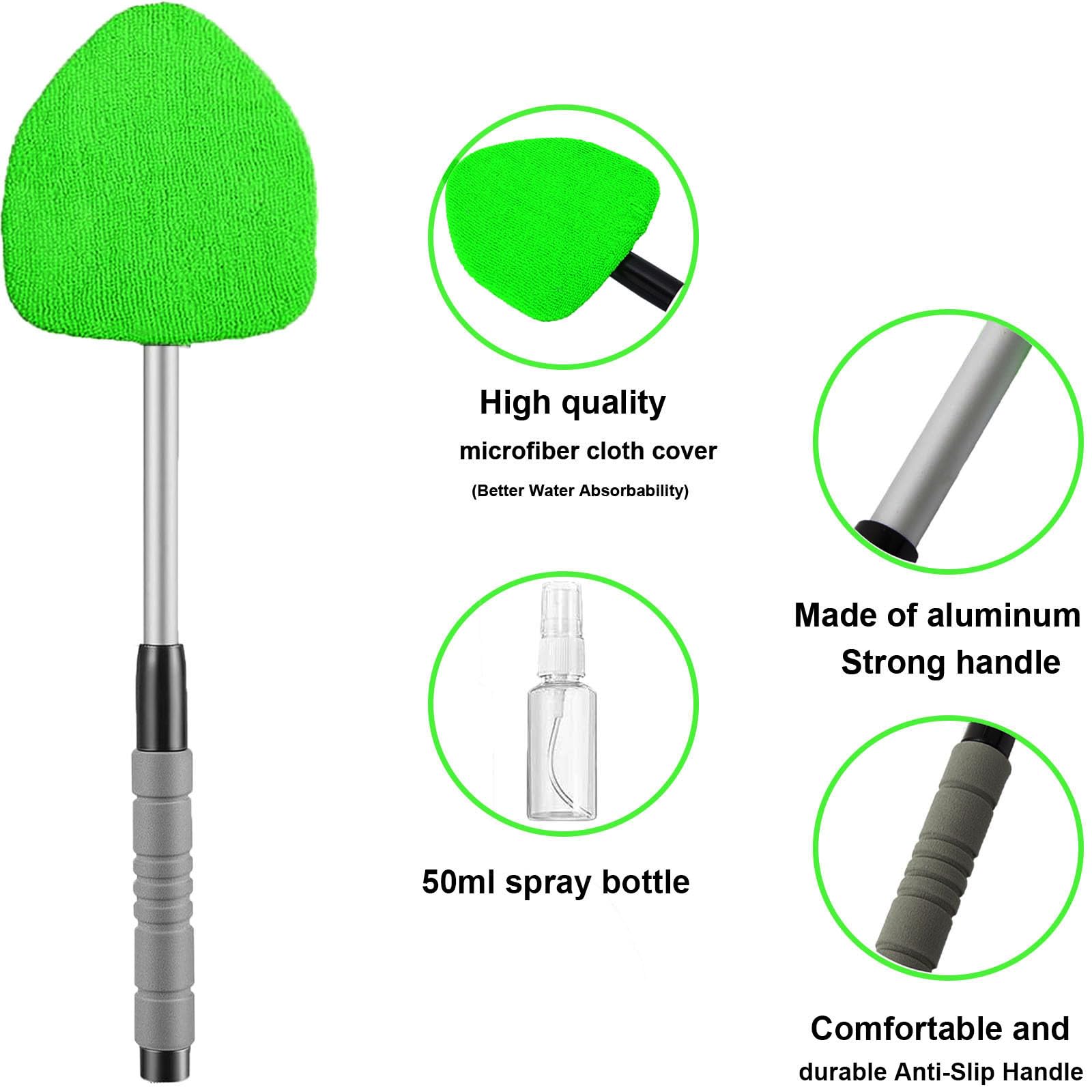 Premium Windshield Cleaning Tool - Car Window Cleaner with 4 Washable Microfiber Pads & Extendable Handle - Auto Glass Wiper Kit for Interior/Exterior Cleaning (Green) - Perfect for Cars, Trucks, SUVs and RVs