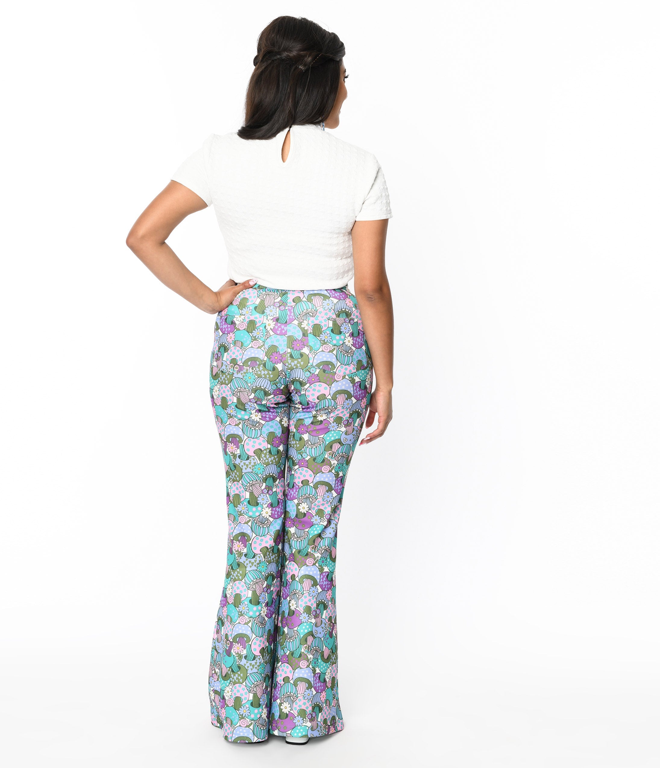 Smak Parlour 1970s Vintage Teal Groovy Mushroom Print High Waisted Flare Pants - Retro Hippie Fashion for Music Festivals & 70s Theme Parties