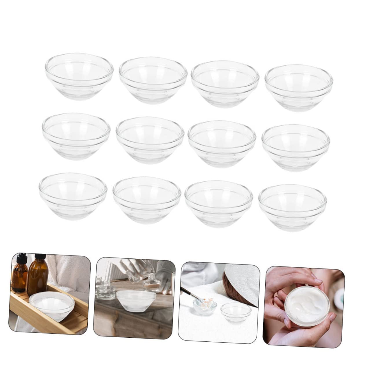 12Pcs Transparent Glass Essential Oil Bowls for Beauty Salon - Massage Cups, Cupping Therapy, Hair Dye Mixing, Spa Face Masks | Esthetician Tools with Lids for Blush, Hot Wax & Skincare Treatments