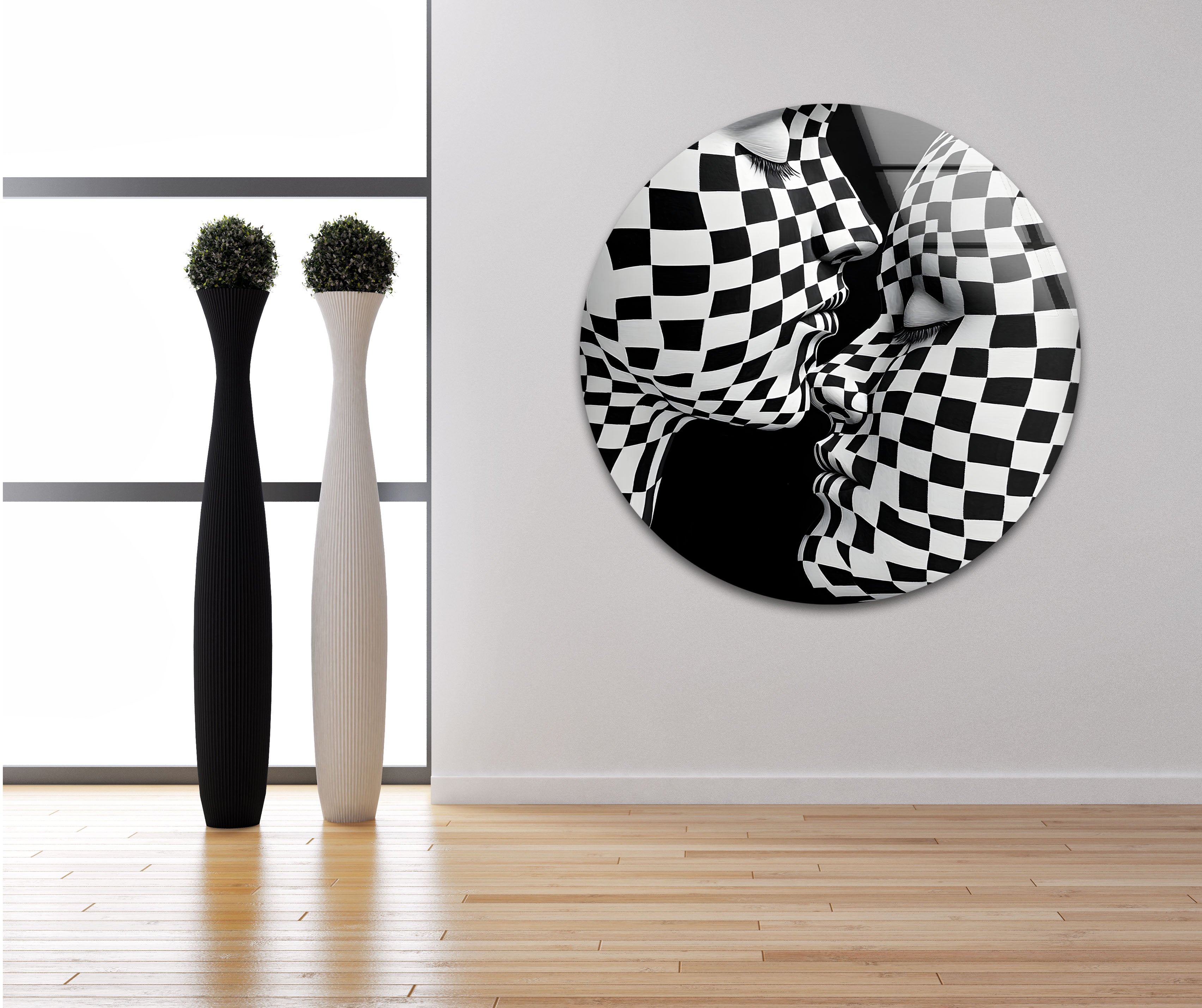 Black and White Kiss Wall Art - Modern Checkered Glass Decor for Living Room, Bedroom & Office - Perfect for Home & Office Décor
