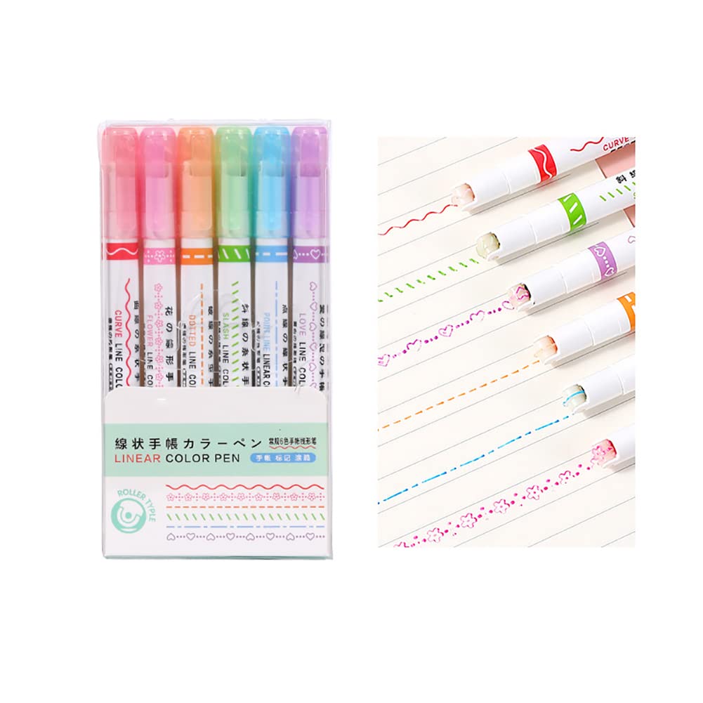 6PCS Smilevol Dual Tip Highlighters with 6 Curve Shapes - Colorful Writing & Drawing Pens for Kids, Students & Artists - Perfect for School, Office, Note Taking & Creative Projects (Pattern)