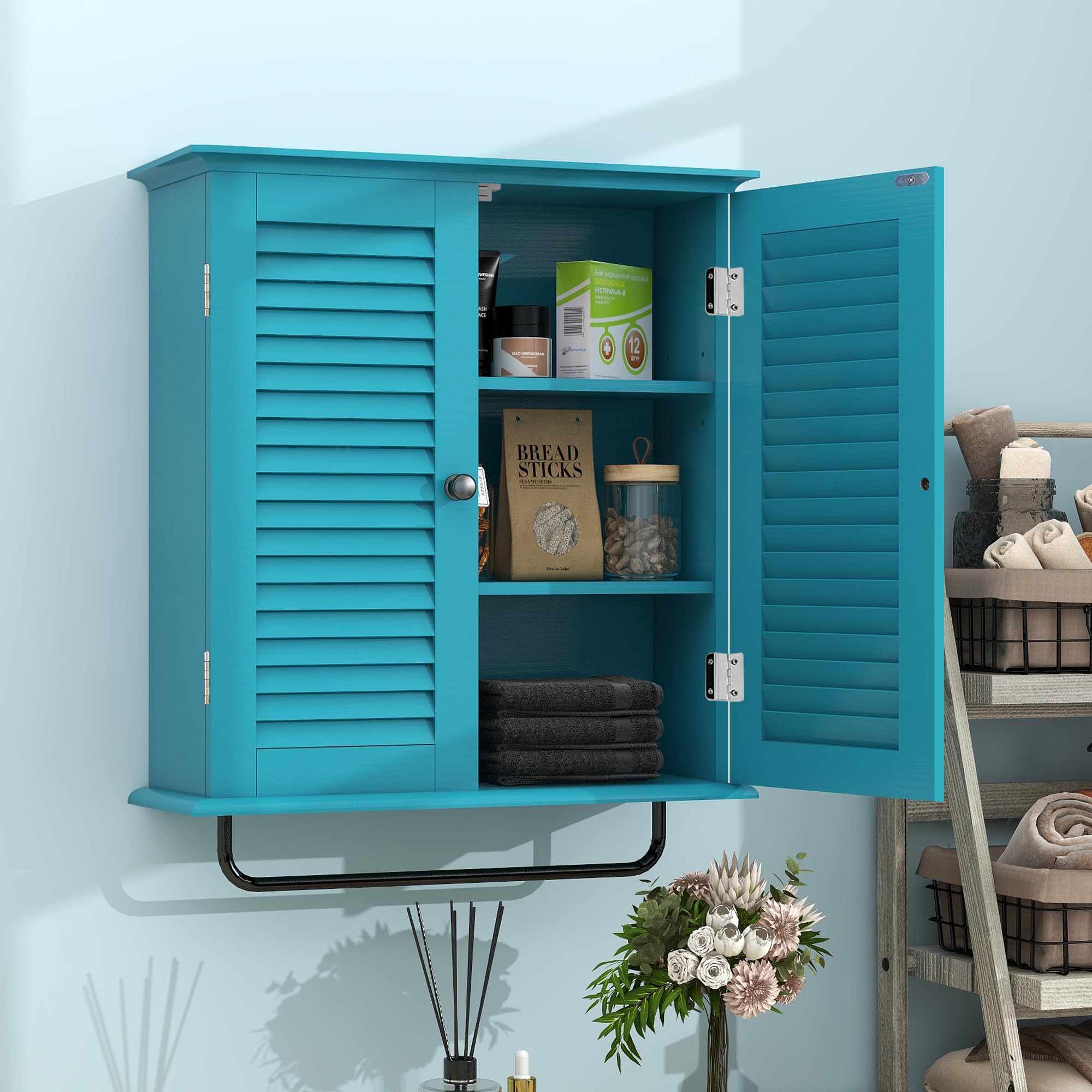 Turquoise Wall Mounted Bathroom Medicine Cabinet with Double Shutter Doors & 3-Tier Adjustable Shelves - Over The Toilet Storage Organizer with Towel Rack for Bathroom, Laundry & Small Space Organization | Perfect for Apartments, Powder Rooms & Modern Home Decor