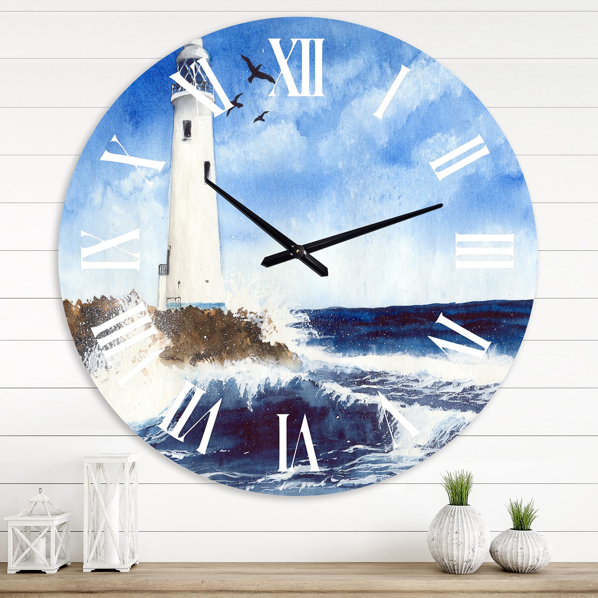 Lighthouse On The Rocky Island with Seagulls - Nautical Coastal Wall Clock for Bedroom, Living Room, Office Decor - Blue Round Silent Non-Ticking Clock for Home & Beach House