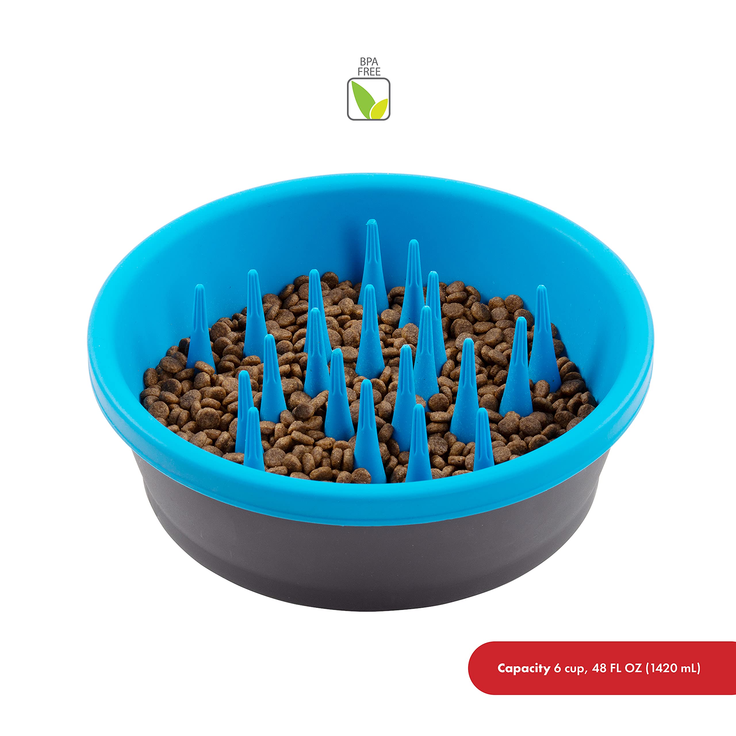 Dexas Slow Feeder Dog Bowl - 6 Cup Capacity for Healthy Digestion & Dental Care - Gray & Blue Pet Food Dish - Perfect for Fast Eaters & Mealtime Enrichment