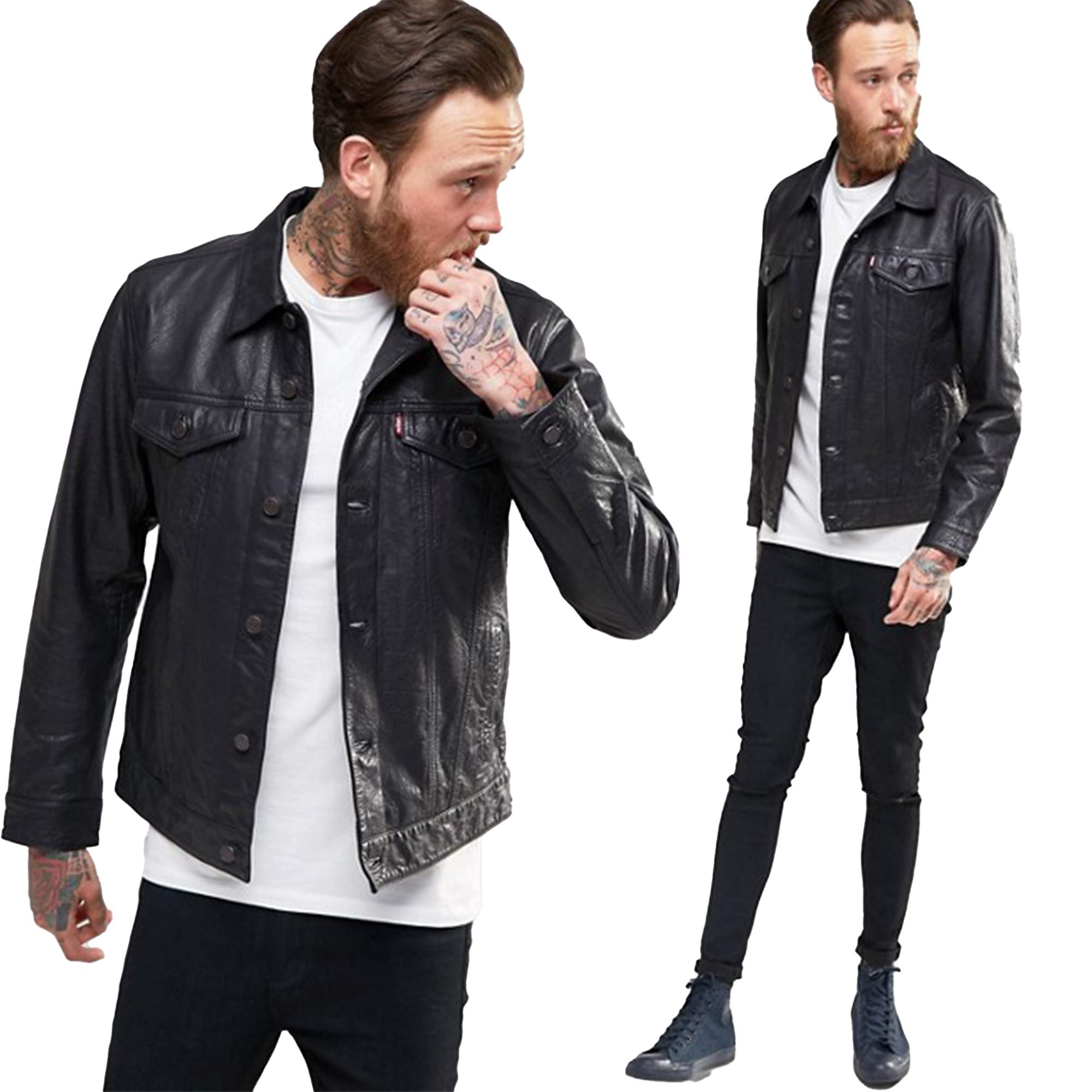 Black Leather Trucker Jacket for Men - Classic Biker Style Leather Shirt Jacket - Big & Tall Sizes - Perfect for Motorcycle Riding, Casual Outfits & Winter Layering