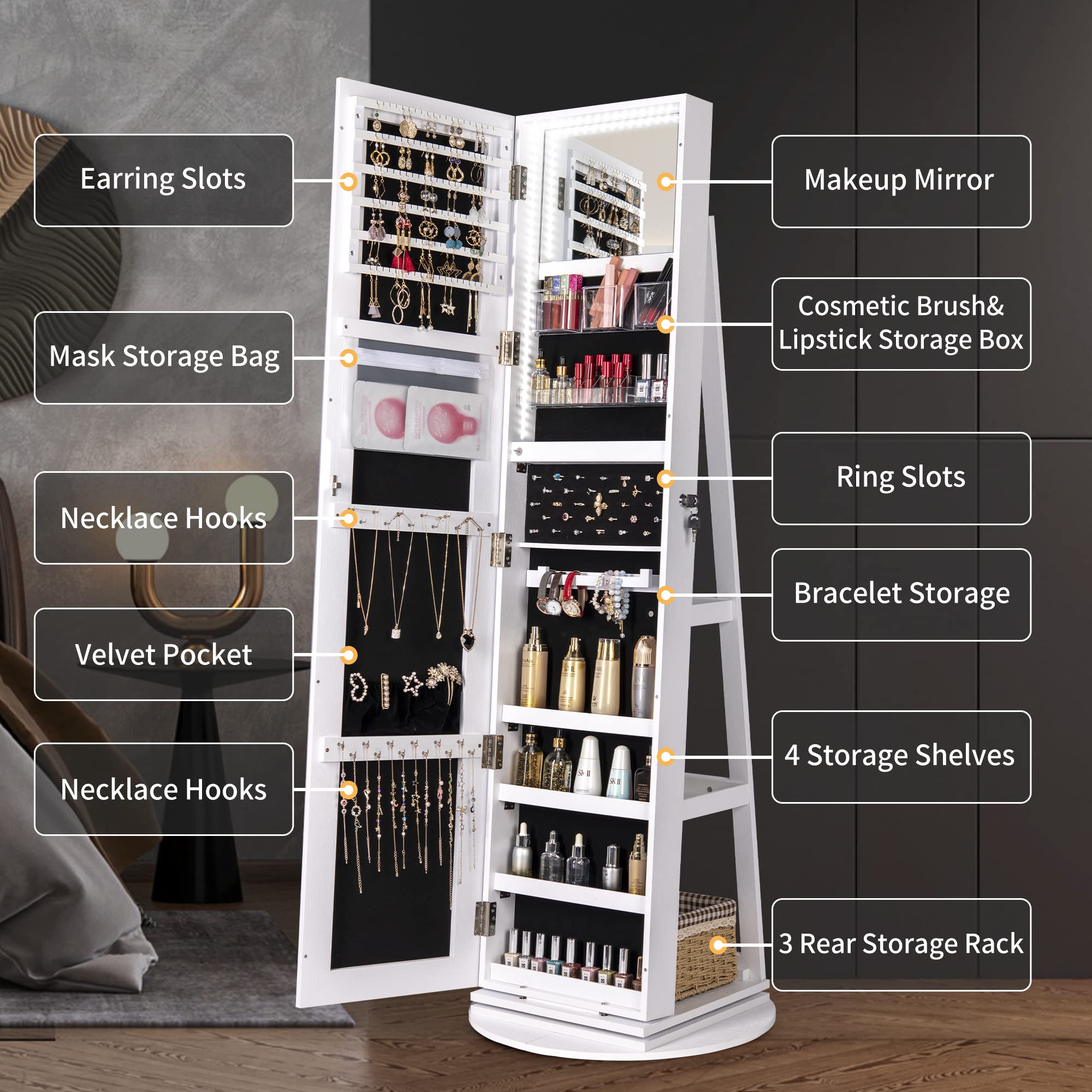 Full Length Mirror Jewelry Armoire with LED Lights - Lockable Standing Jewelry Cabinet with 360° Swivel Mirror, Jewelry Storage Organizer for Women & Girls (Perfect for Bedroom, Dressing Room & Gift Giving)