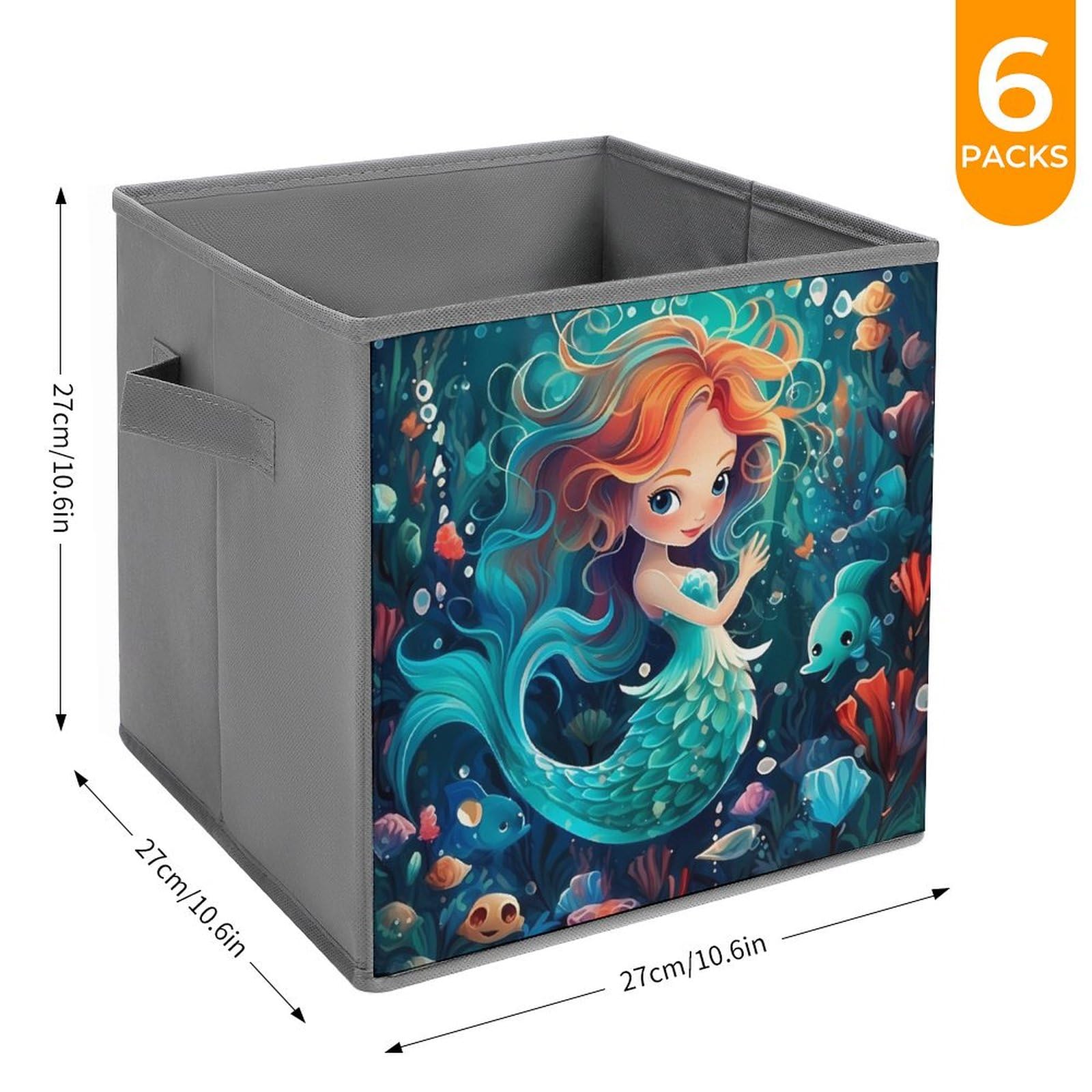 **Cute Mermaid Foldable Storage Bins & Organizers - 6-Pack Square Storage Baskets with Handles for Kids Room, Closet, or Playroom Organization**