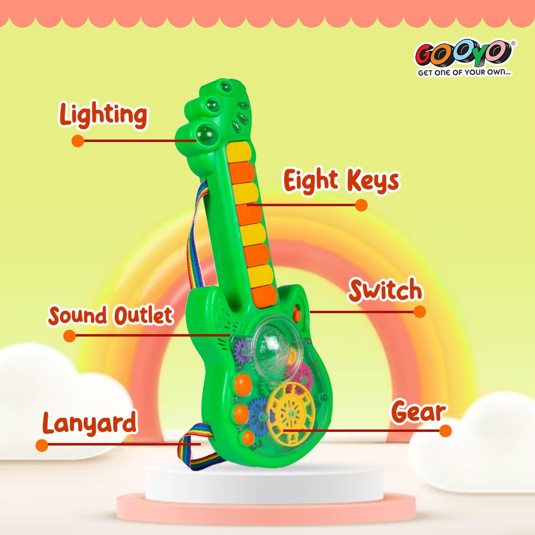 Gooyo GY999-53 Kids Electric Toy Guitar - 8-Key Musical Instrument with 3D Gears & LED Light Effects | Battery-Powered Learning Toy for Toddlers, Boys & Girls (Green, Requires 3 AA Batteries) | Perfect Birthday Gift & Early Childhood Music Education Tool