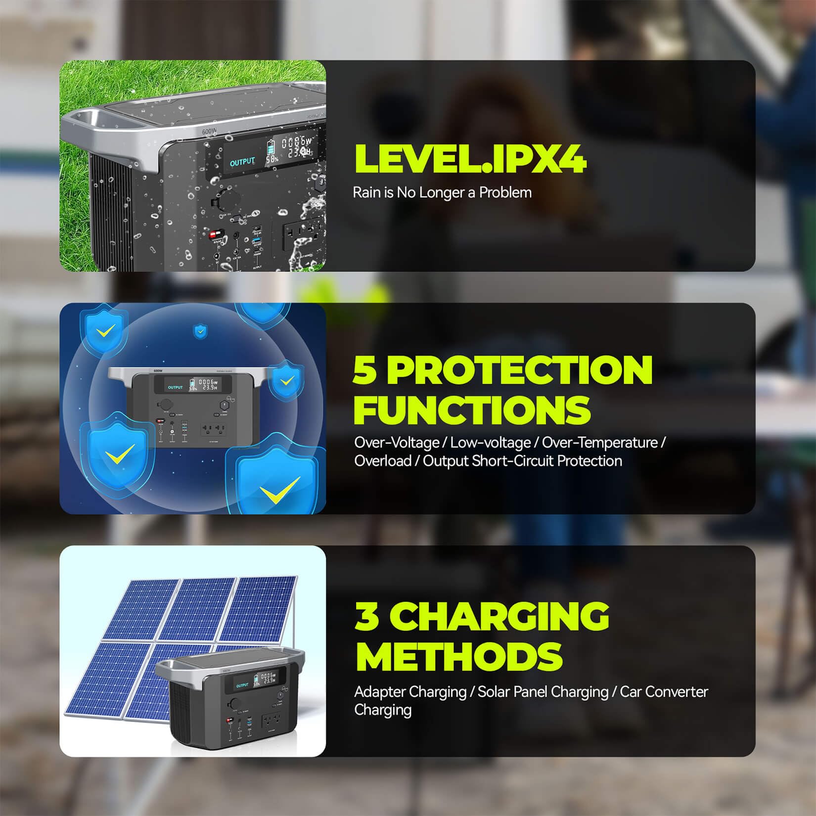 600W Portable Power Station with 647Wh Capacity - Solar Generator for Camping, RV & Emergency Backup | 7 Ports (AC/DC/USB PD) | IPX4 Waterproof | Perfect for Outdoor Adventures, Home Use & CPAP Machines