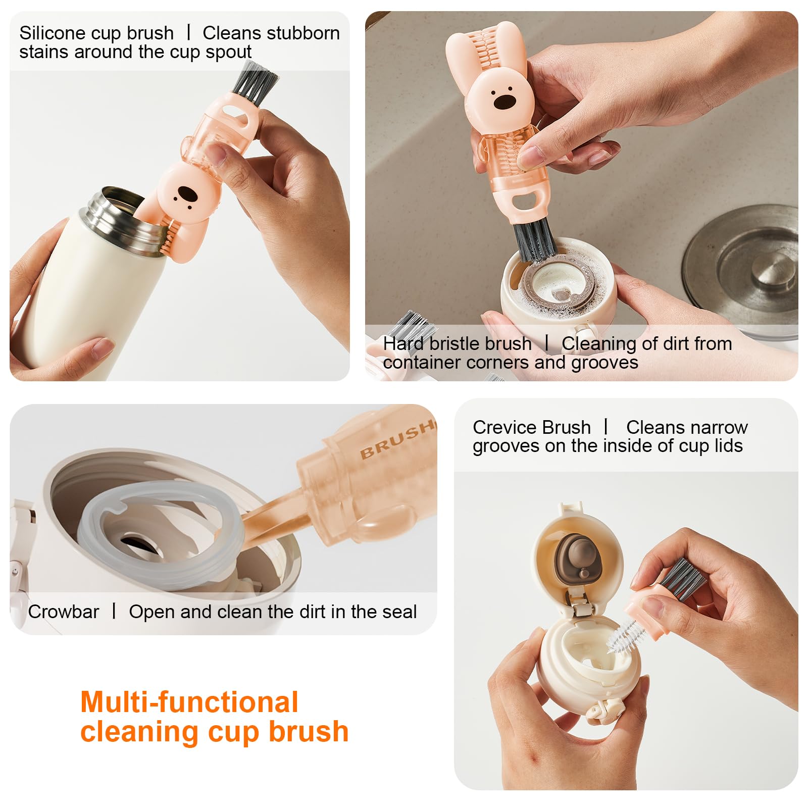 4-in-1 Cup Cleaning Brush Set - Multi-Purpose Bottle & Lid Cleaner for Kitchen & Home - 3Pcs