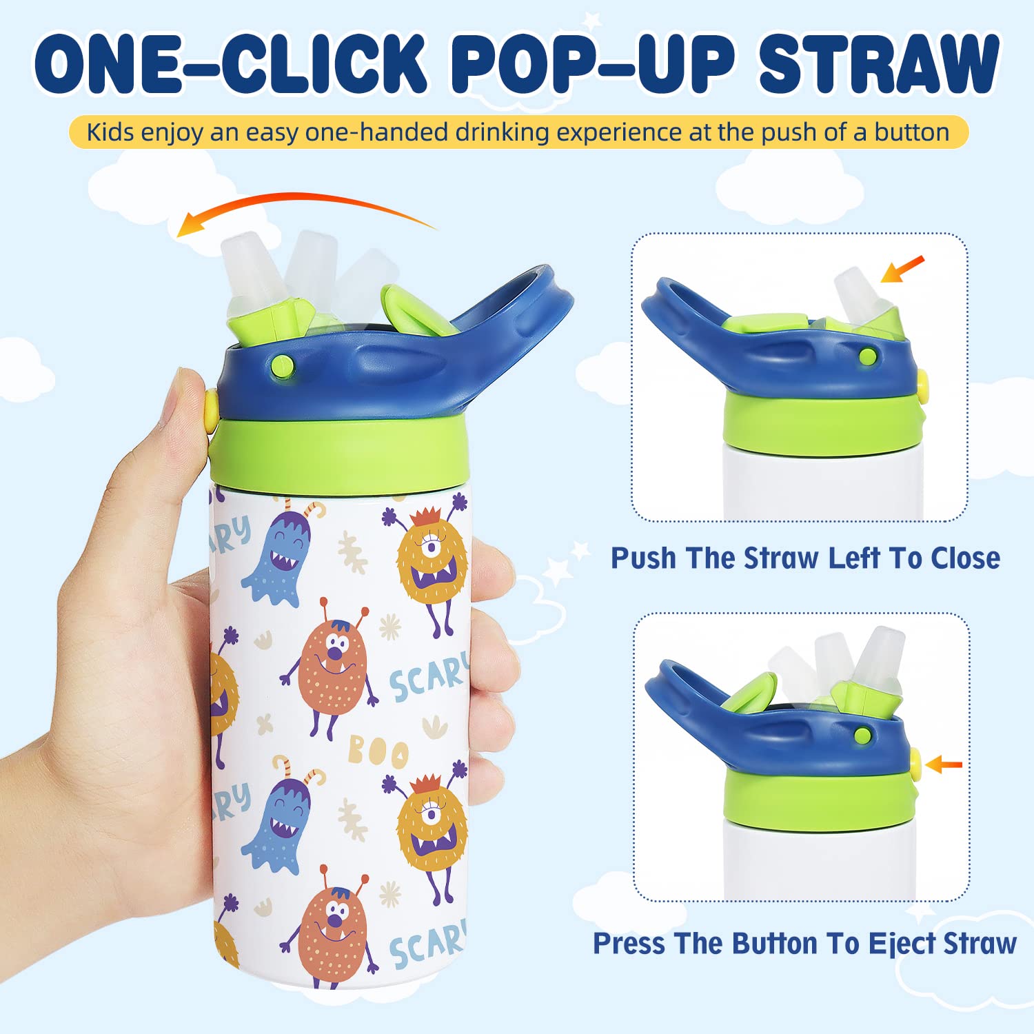Mocaru 12oz Stainless Steel Insulated Kids Sippy Cup with Leak-Proof Straw Lid & Handle - Sublimation Ready Toddler Water Bottle (4 Pack) - Perfect for Daycare, School, Travel & Outdoor Activities
