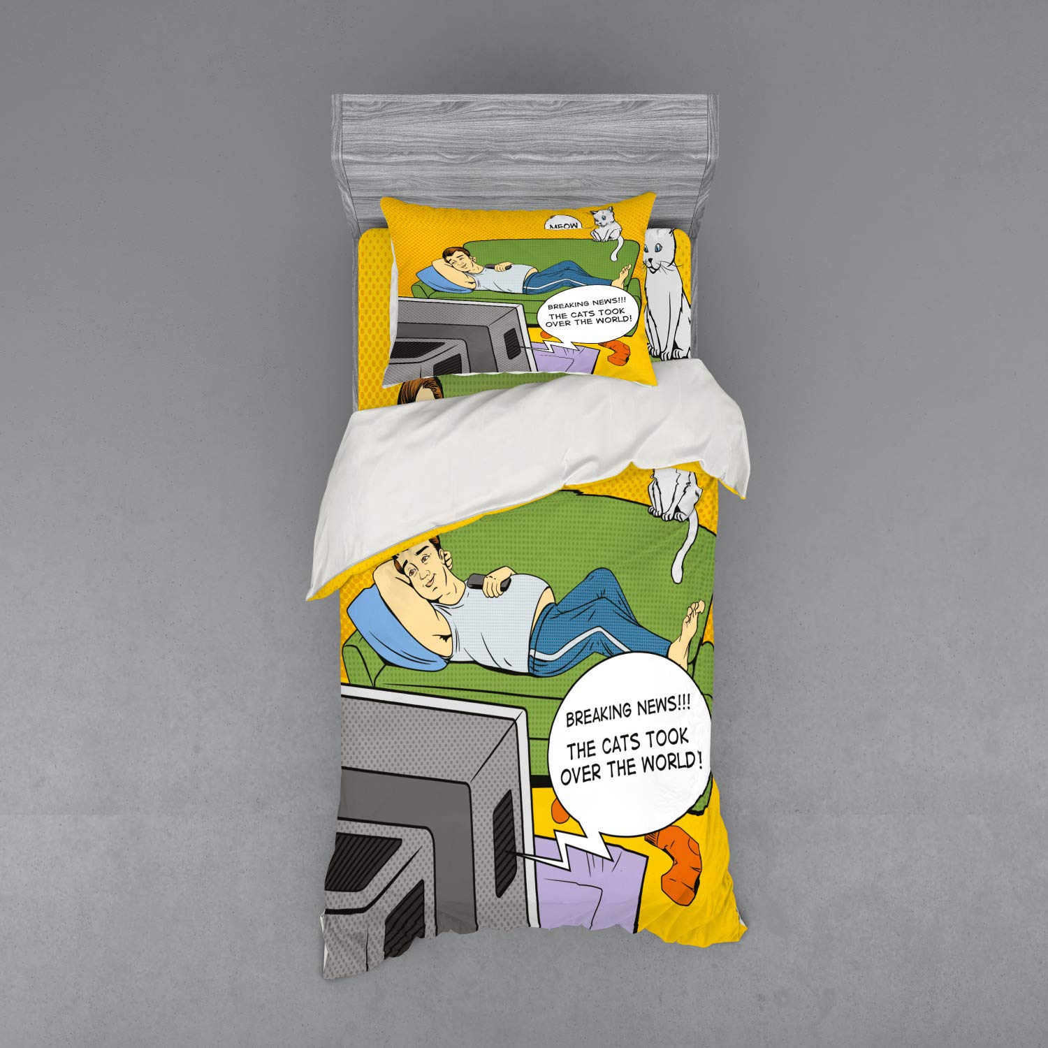 Ambesonne Vintage Bedding Set - 3 Piece Duvet Cover with Sham & Fitted Sheet, Twin XL Size, Multicolor Pop Art Design Featuring Man Watching TV & Cats Taking Over World | Perfect for Comic Book Lovers & Unique Home Decor