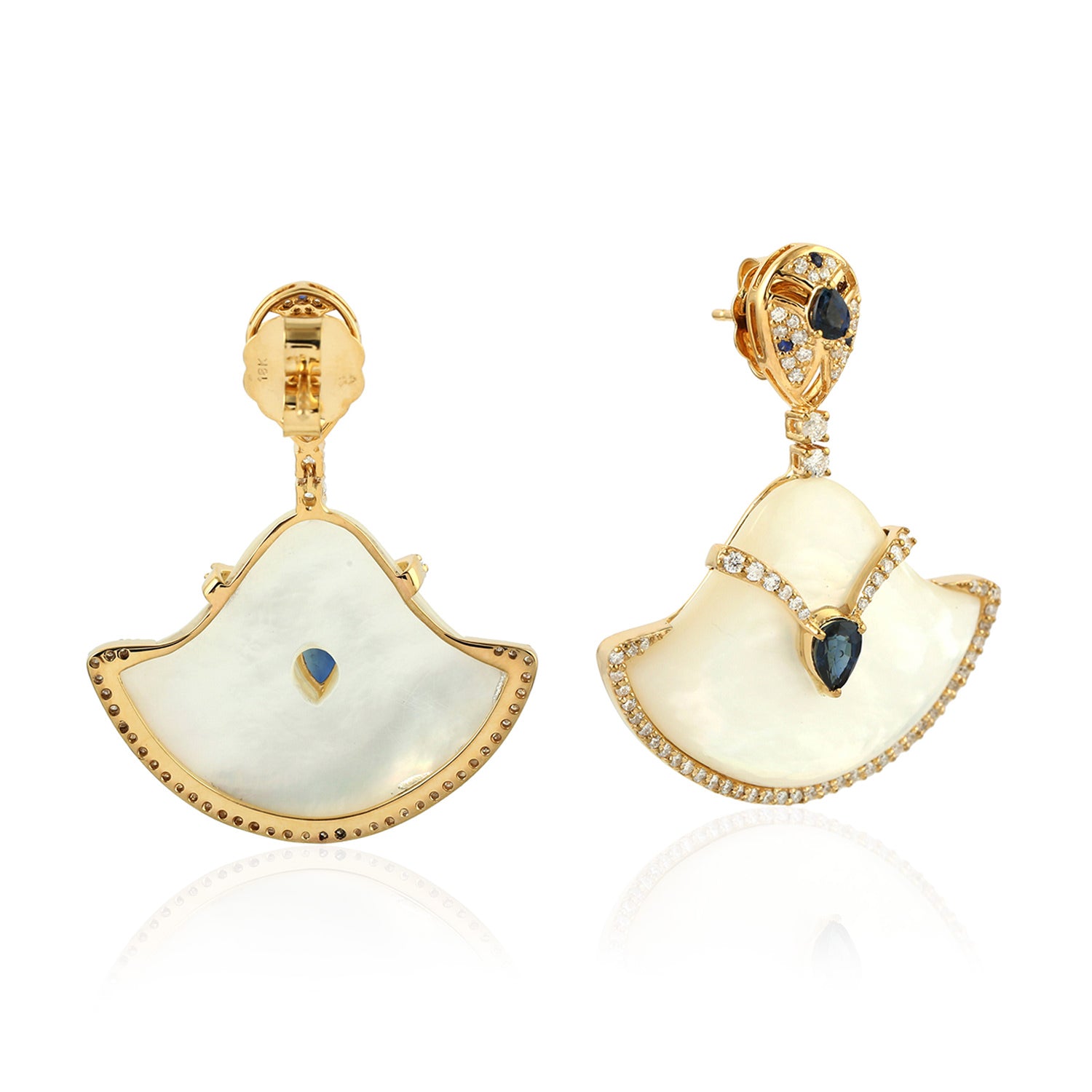 Exquisite Yellow Gold Fan Cut Mop Pear Blue Sapphire Pave Diamond Dangle Earrings for Women | Elegant Evening Wear & Special Occasion Jewelry