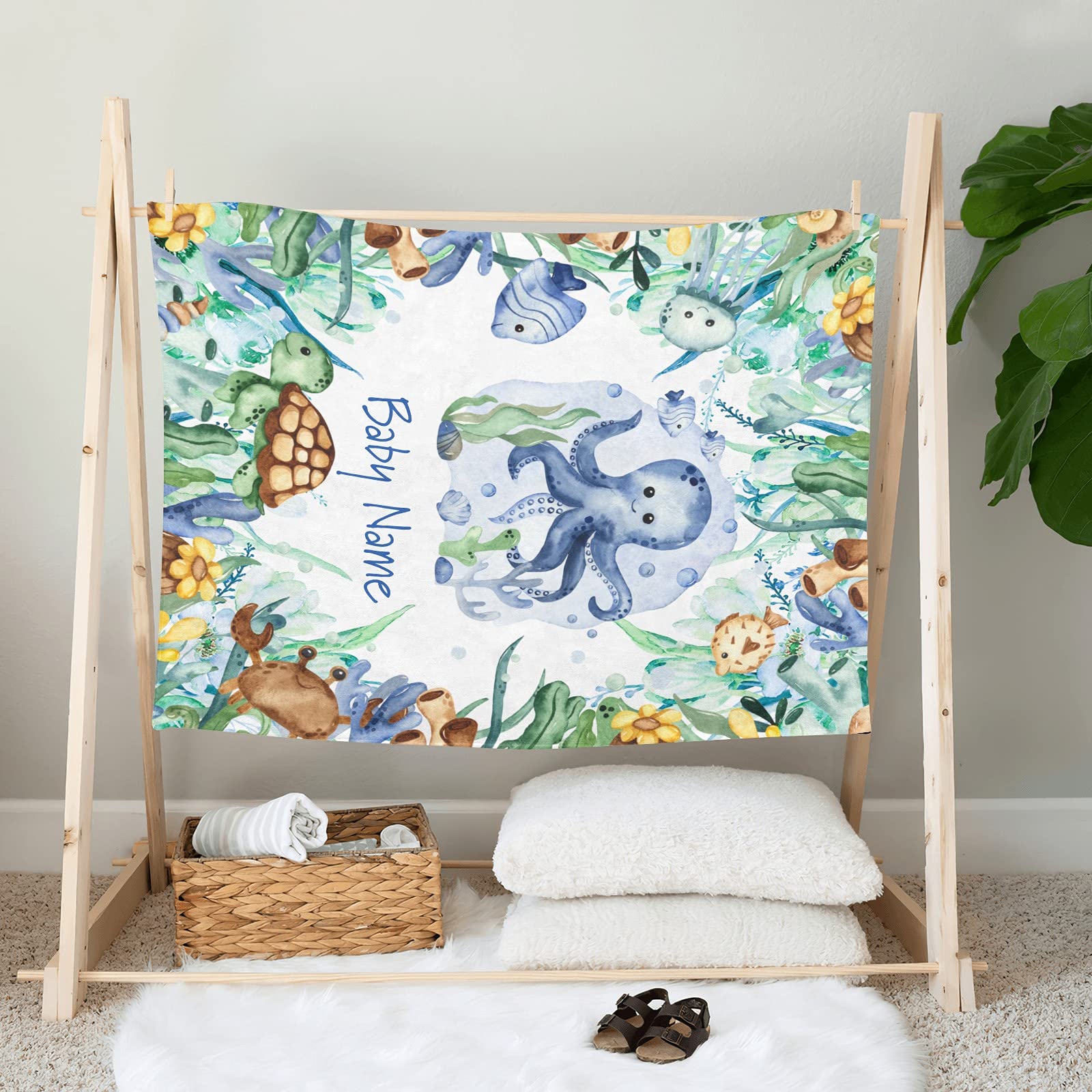 Personalized Baby Fleece Blanket - Custom Name & Birthday Sea Turtle Octopus Design - Super Soft 30x40 Inch Jungle Underwater Theme Blanket for Boys & Girls - Perfect Baby Shower, Newborn Gift & Nursery Decor