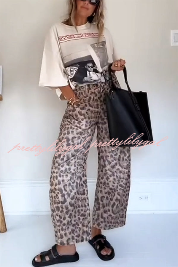 We The Free Women's Denim Leopard Print Mid Rise Barrel Jeans with Pockets - Stylish Casual Wear for Everyday Outfits & Street Fashion
