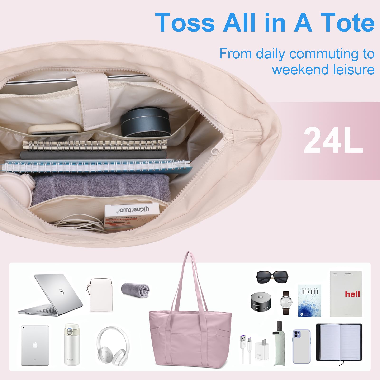 CTWWFS Women's Zippered Tote Bag - Large Travel & Work Handbag for Essentials