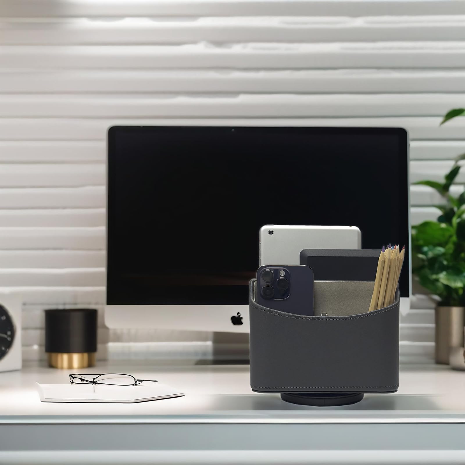 360° Rotating Desk Organizer - Spinning Desktop Organizer for TV Remote, Mail, Magazines & Media Storage | Space-Saving Grey Office Accessory | Perfect for Home Office, Living Room & Workspace Organization