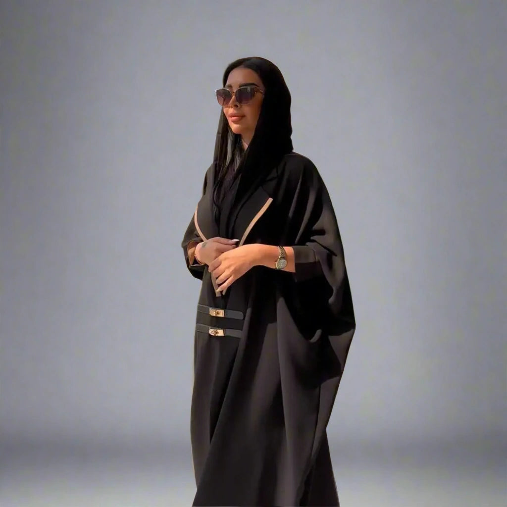 Elegant Batwing Sleeve Farasha Open Abaya Dress with Adjustable Leather Belt - Modest Muslim Women's Prayer Dress for Special Occasions & Evening Events