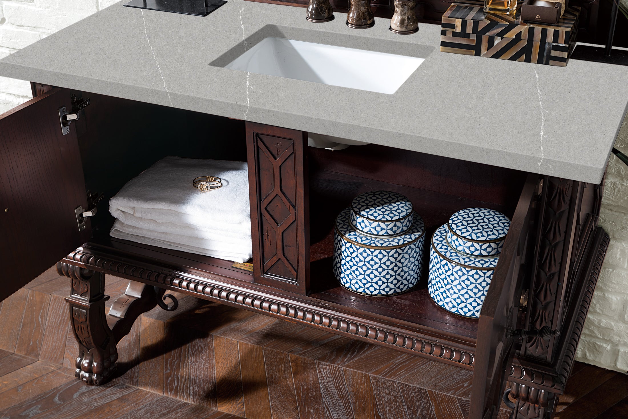 Balmoral 48 Inch Single Vanity Cabinet with 3CM Eternal Serena Quartz Top - Antique Walnut Finish for Bathroom Remodeling & Modern Home Decor