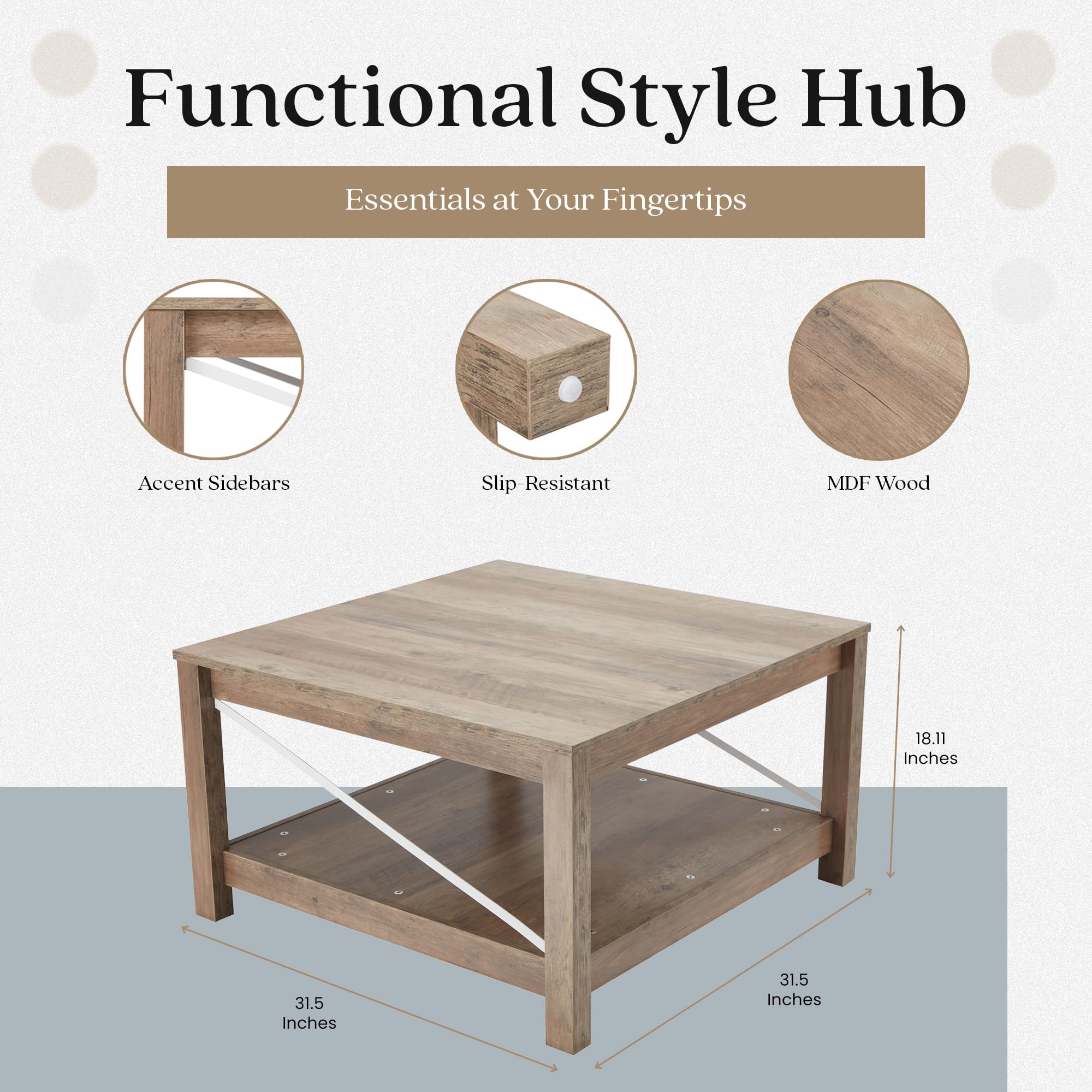 JOMEED 31.5 Inch Square Coffee Table with Storage Shelf - Modern Farmhouse Style Accent Table for Living Room & Office - Beige Wooden End Table - Perfect for Small Spaces, Home Decor & Coffee Table Books Display