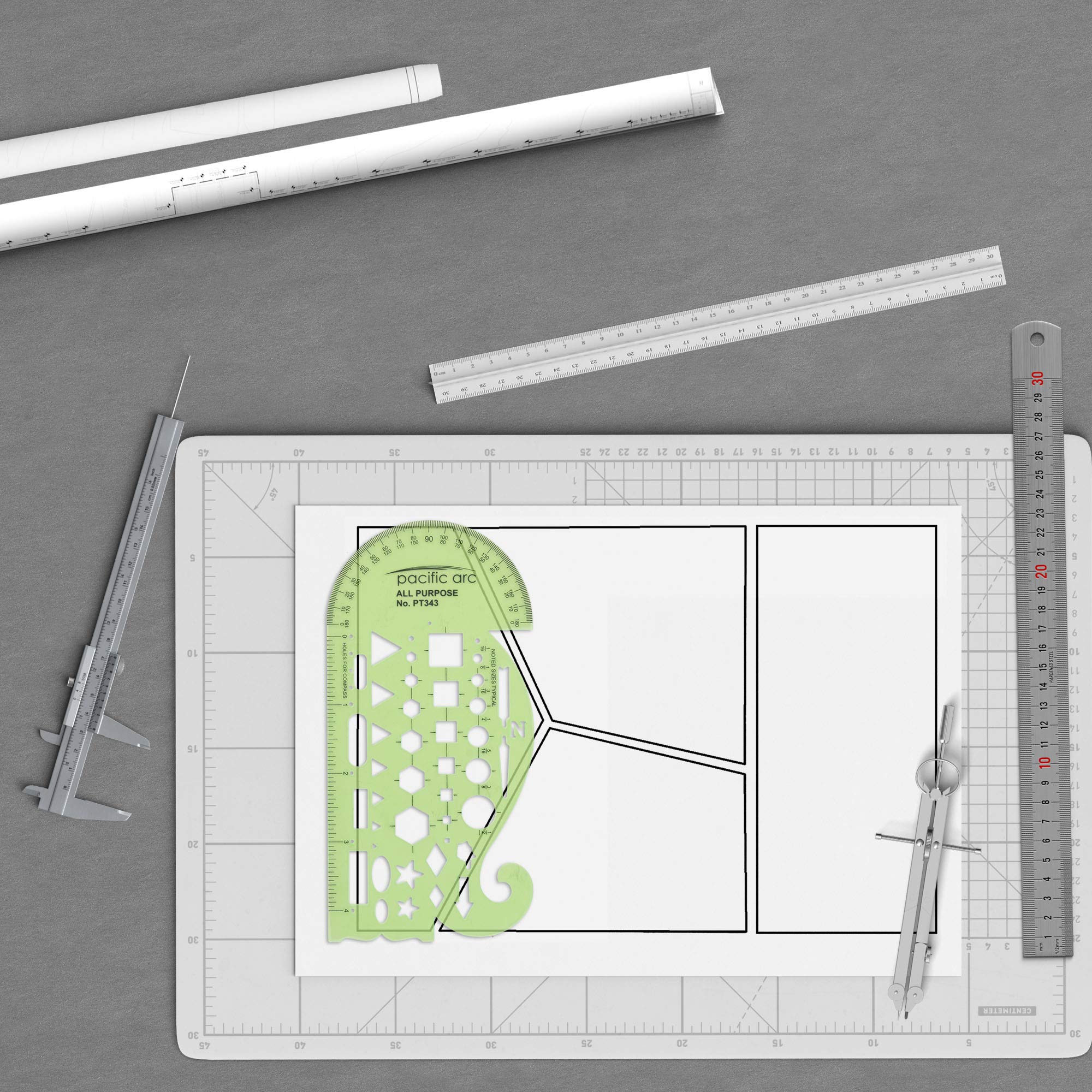Pacific Arc All-Purpose Template Guide with Protractor, 4-Inch Ruler, French Curves & Standard Shapes - Perfect for Drafting, Architecture, Engineering & DIY Projects