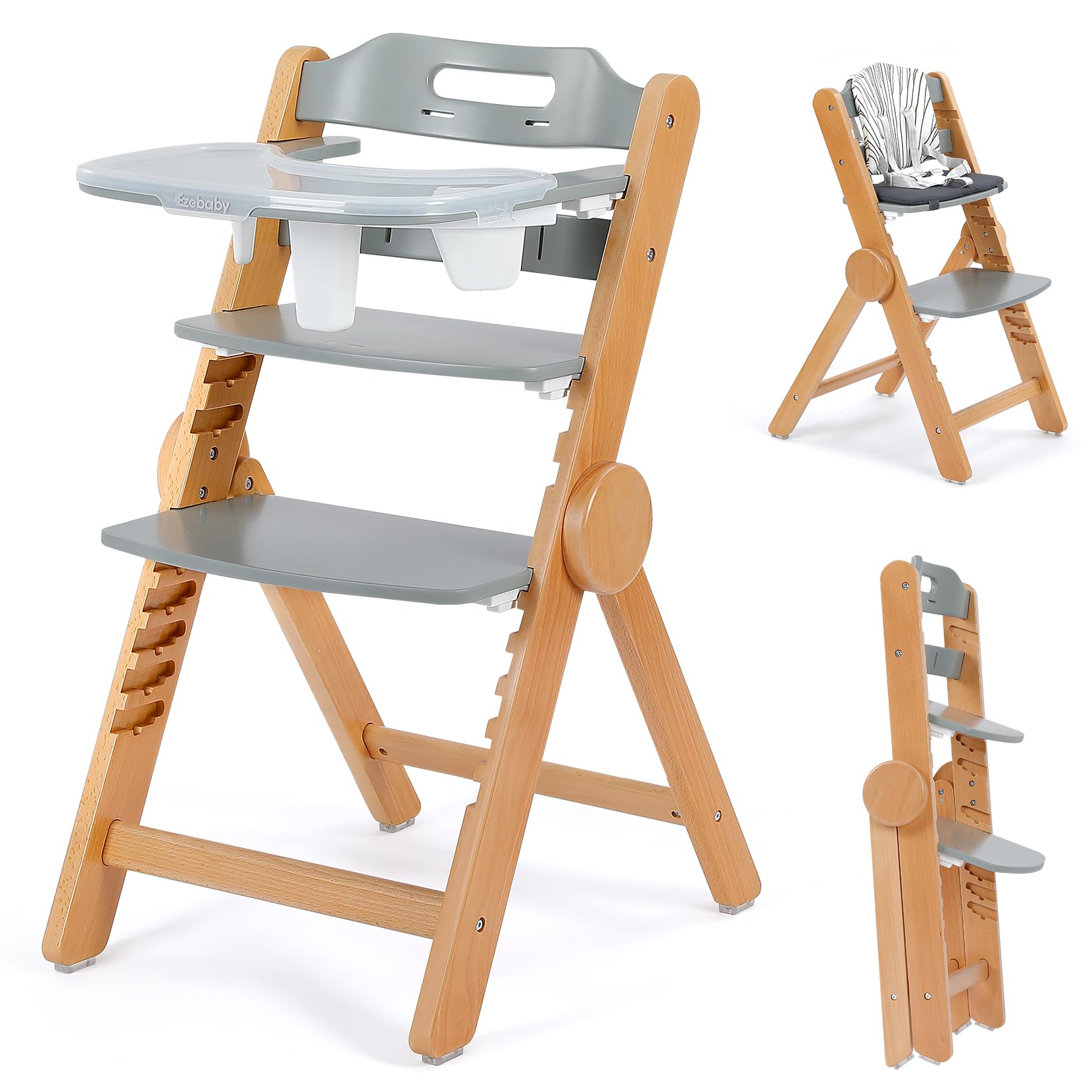 Ezebaby Adjustable Wooden High Chair for Babies & Toddlers - Foldable, Grow with Your Child Design, 3-Position Seat & Footrest, Removable Cushion & Double-Layer Tray (Grey) - Perfect for Dining, Feeding & Playtime at Home or Restaurant