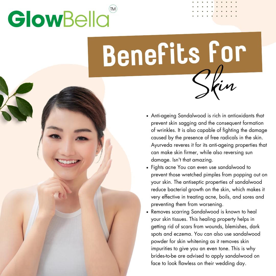 Glow Bella Pure Organic Sandalwood Powder for Face & Skin Care - 100g | Natural Chandan Powder for Brightening, Acne Treatment & Glowing Skin | Perfect for DIY Face Masks, Spa Treatments & Ayurvedic Skincare