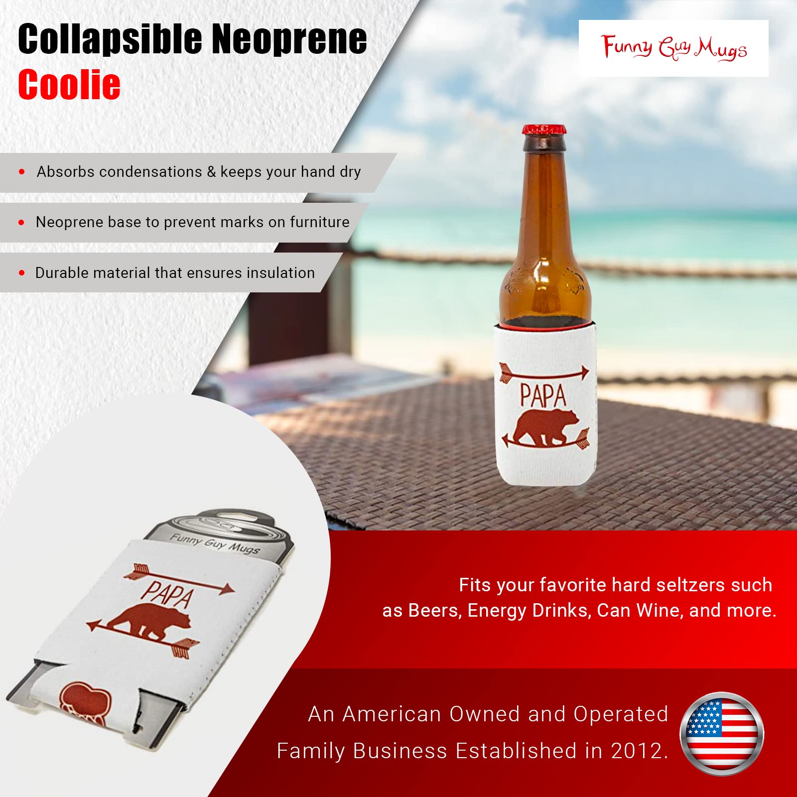 Funny Papa Bear Collapsible Neoprene Can Cooler - Insulated Beer & Soda Holder for Camping, BBQs & Outdoor Adventures