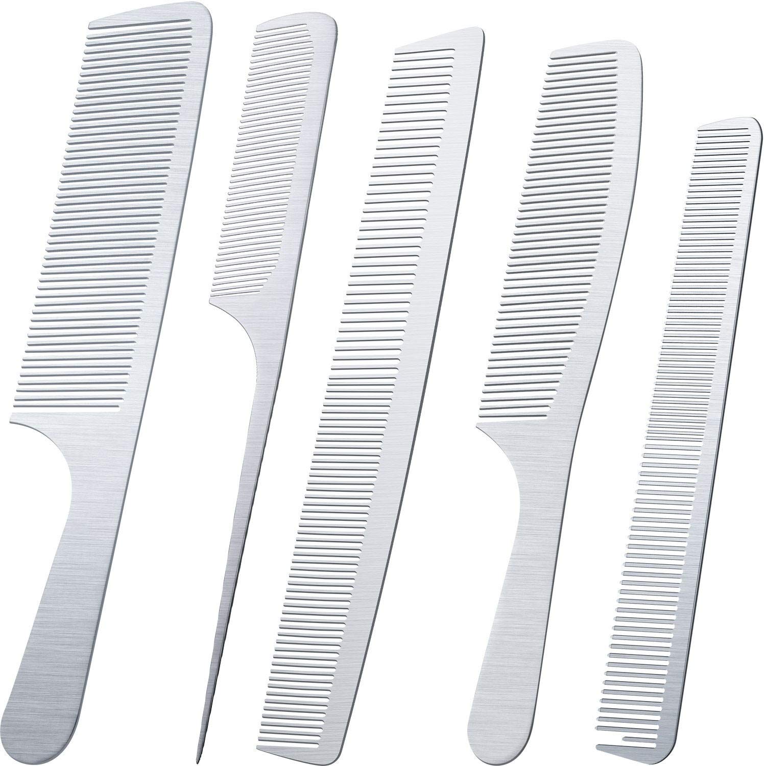 5-Piece Stainless Steel Hair Comb Set - Professional Metal Tail Comb, Fine Cutting Comb, Barber Comb & Detangler for Hair Styling & Grooming - Perfect for Salon, Home Use & Travel Accessories