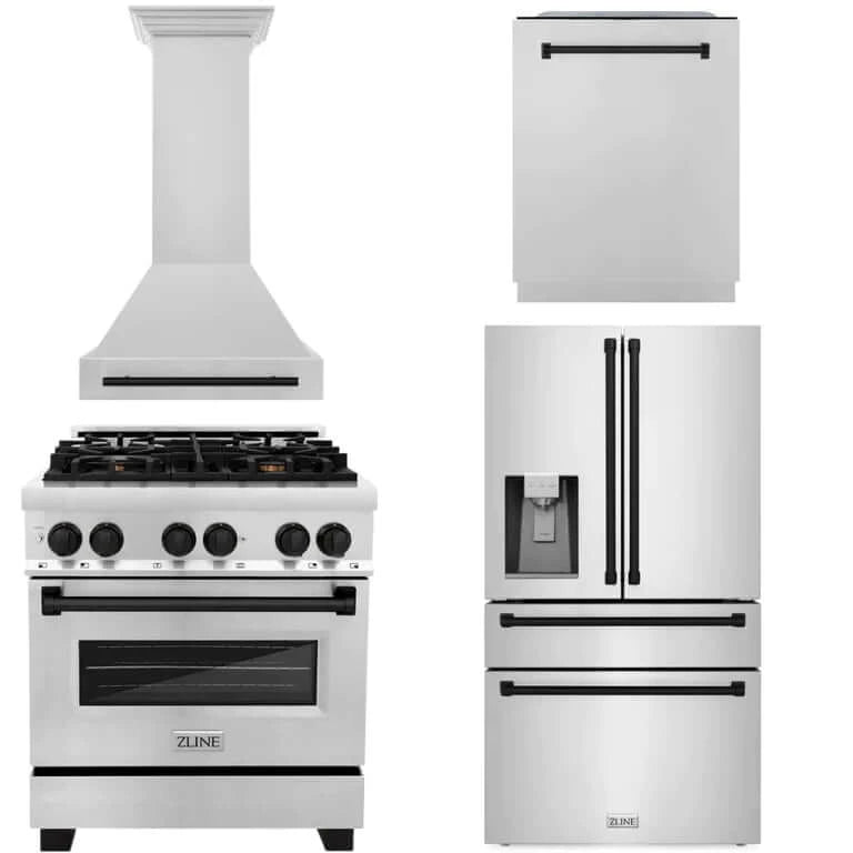 ZLINE Autograph Edition 30-inch Stainless Steel Dual Fuel Range Kitchen Package with Range Hood, Dishwasher & Refrigerator - Matte Black Accents (4AKPR RARHDWM30 MB) | Premium Appliance Bundle for Modern Kitchens & Home Renovations