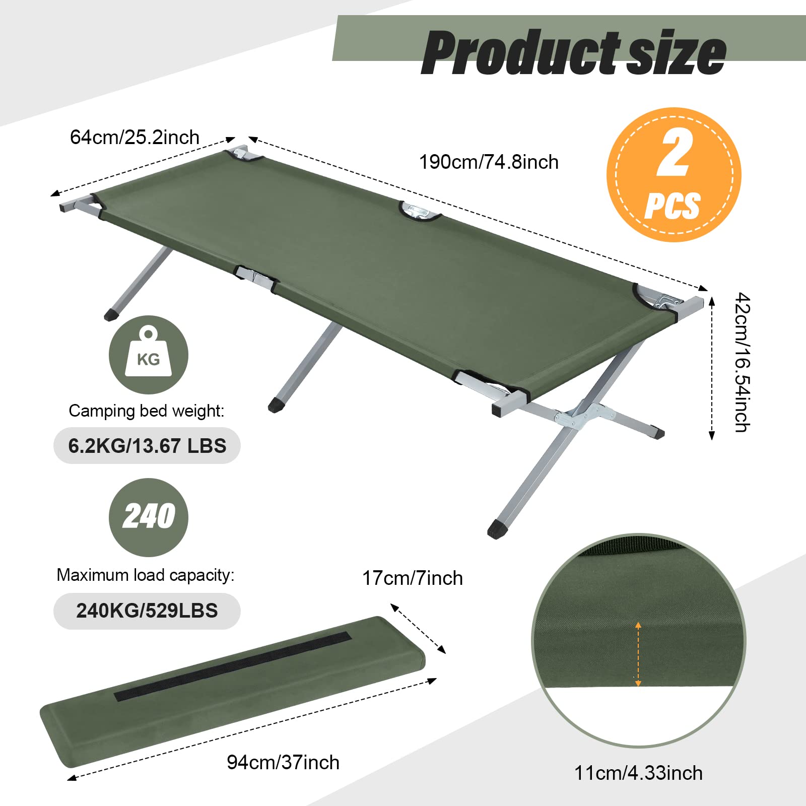 Geetery 2-Pack Folding Camping Cot with Carry Bag - Portable Twin Size Military Cot Supports 529 lbs - Army Green Outdoor Sleeping Bed for Camping, Travel & Emergency Use