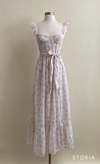 Rosamund Bustier Style Maxi Dress - Blush Pink Floral Print, Plus Size (S-3XL) | Wedding Guest Dress, Summer Beach Dress, Formal Occasion Outfit