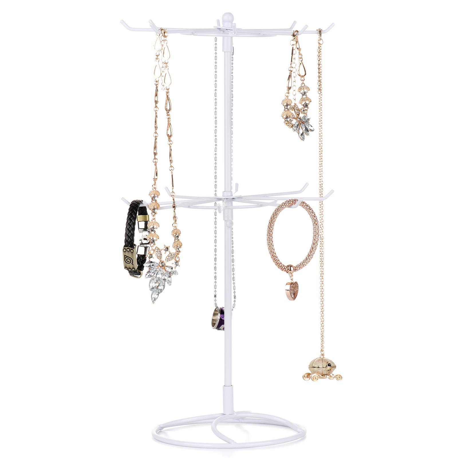 BOICXM 2 Tier Rotating Jewelry Display Stand - Spinning Bracelet & Necklace Organizer with Sign Card Holder - Retail Store Countertop Jewelry Rack for Bracelets, Necklaces, Keychains (Pink/White) - Perfect for Boutiques, Jewelry Stores & Trade Show Displays