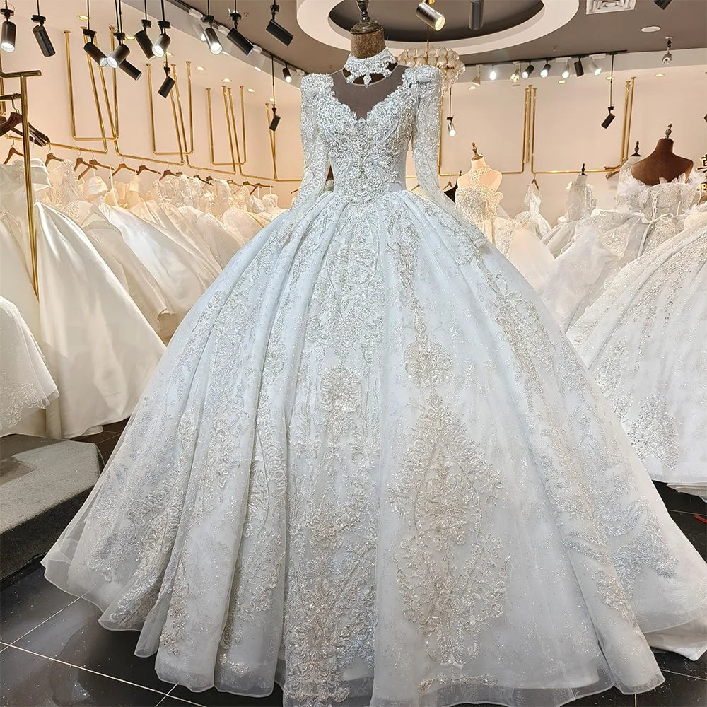 Vintage Glitter Long Sleeve Pleated Ball Gown Backless Wedding Dress - Elegant Evening Gown for Prom, Bridal Party & Formal Events