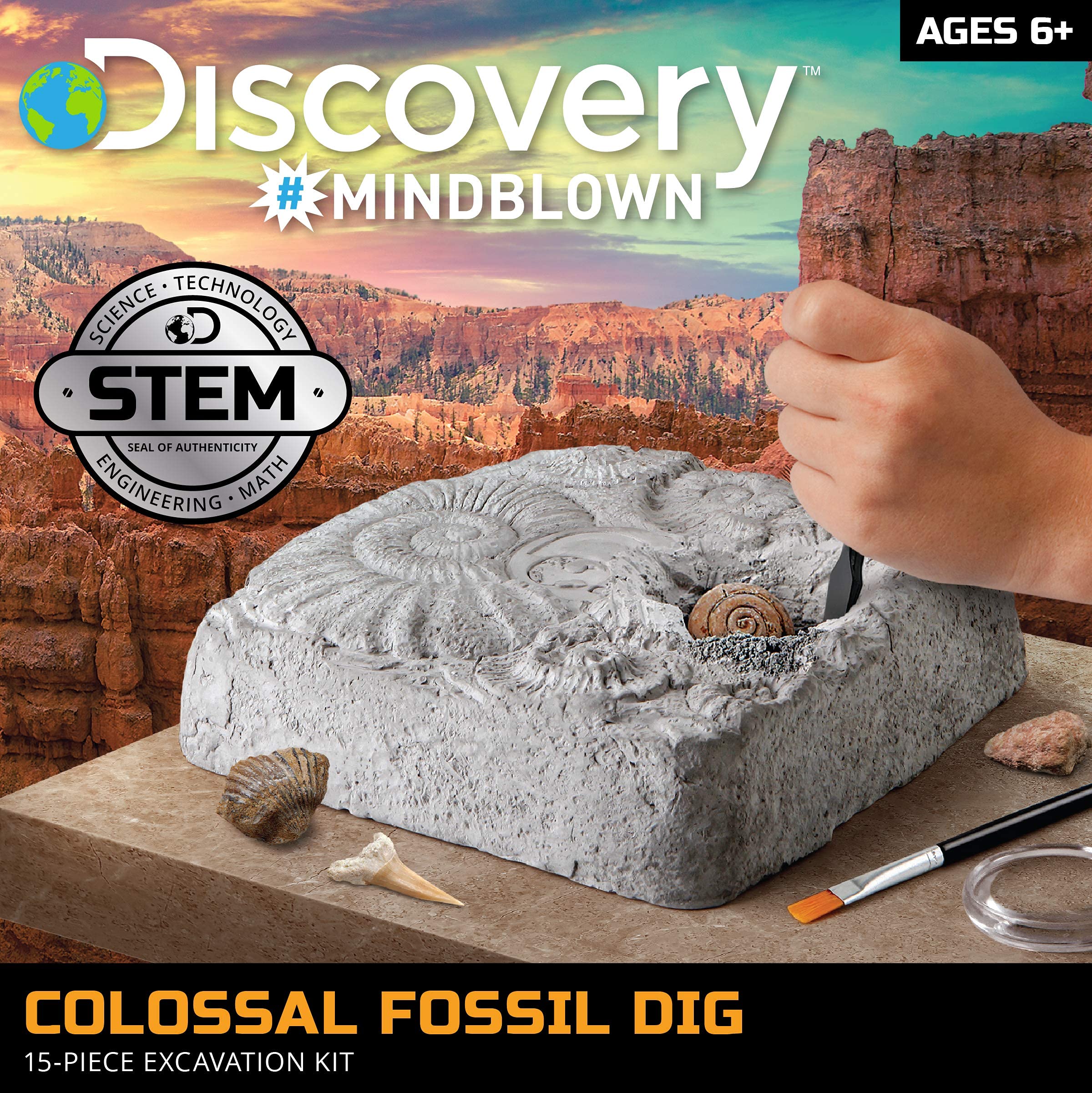 Discovery #MINDBLOWN Colossal Fossil Dig Kit - 15-Piece Archaeology Excavation Set with Real Shark Teeth & Unique Fossils - STEM Educational Toys for Kids - Perfect for Science Projects & Birthday Gifts