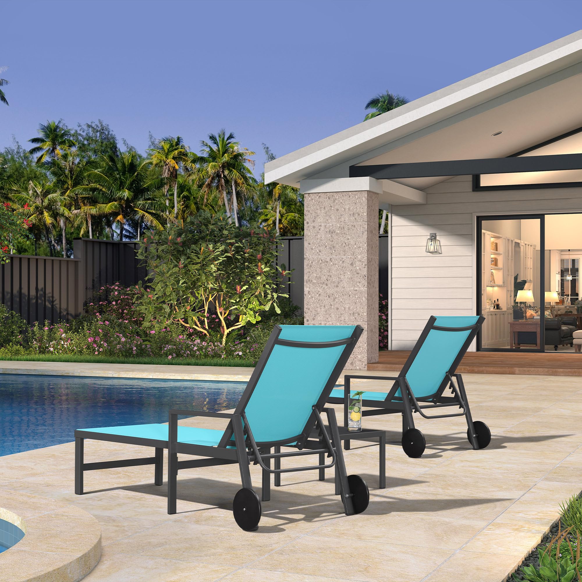 PURPLE LEAF 2-Piece Outdoor Chaise Lounge Set - Aluminum Patio Lounge Chairs with Wheels & Armrests - Turquoise Blue Recliners for Pool, Backyard, Beach & Garden Relaxation