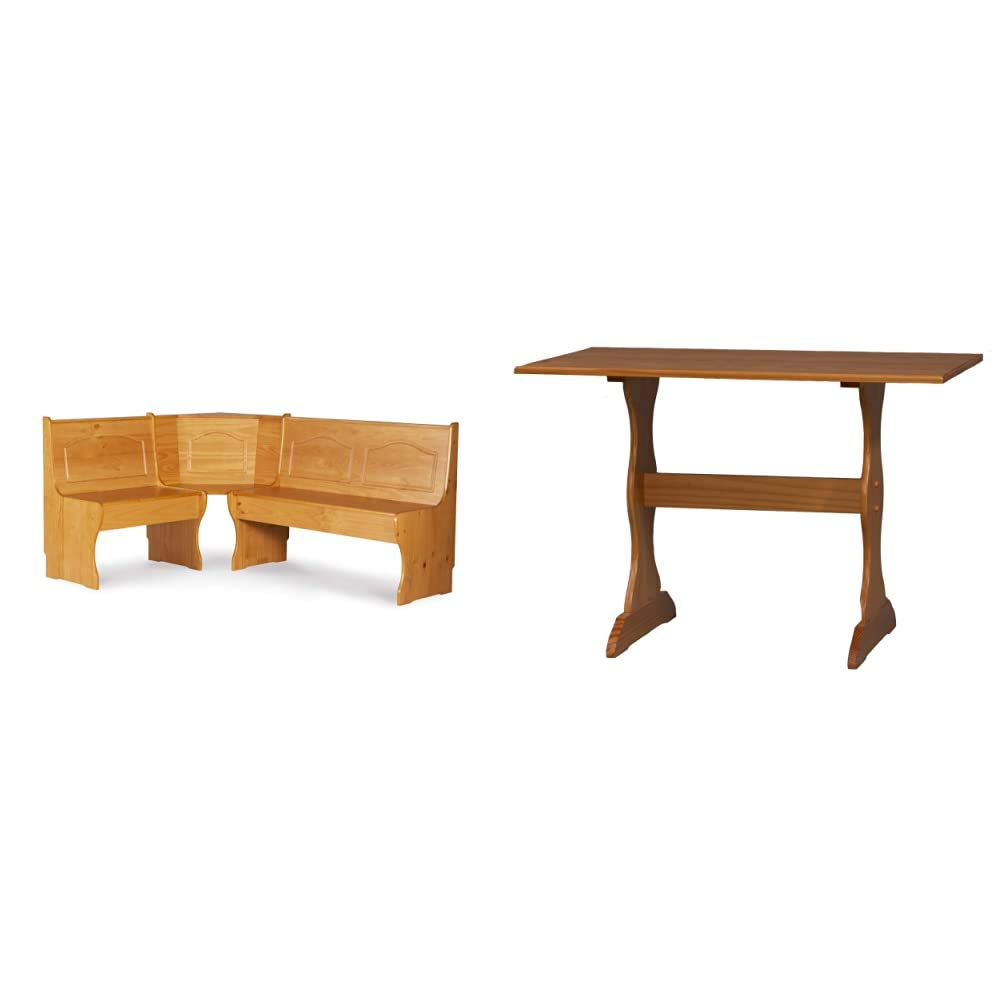 Linon Chelsea Kitchen Nook Corner Unit and Table - Natural Pine Wood Dining Set for Small Spaces | Breakfast Nook, Apartment Kitchen, Cozy Dining Corner