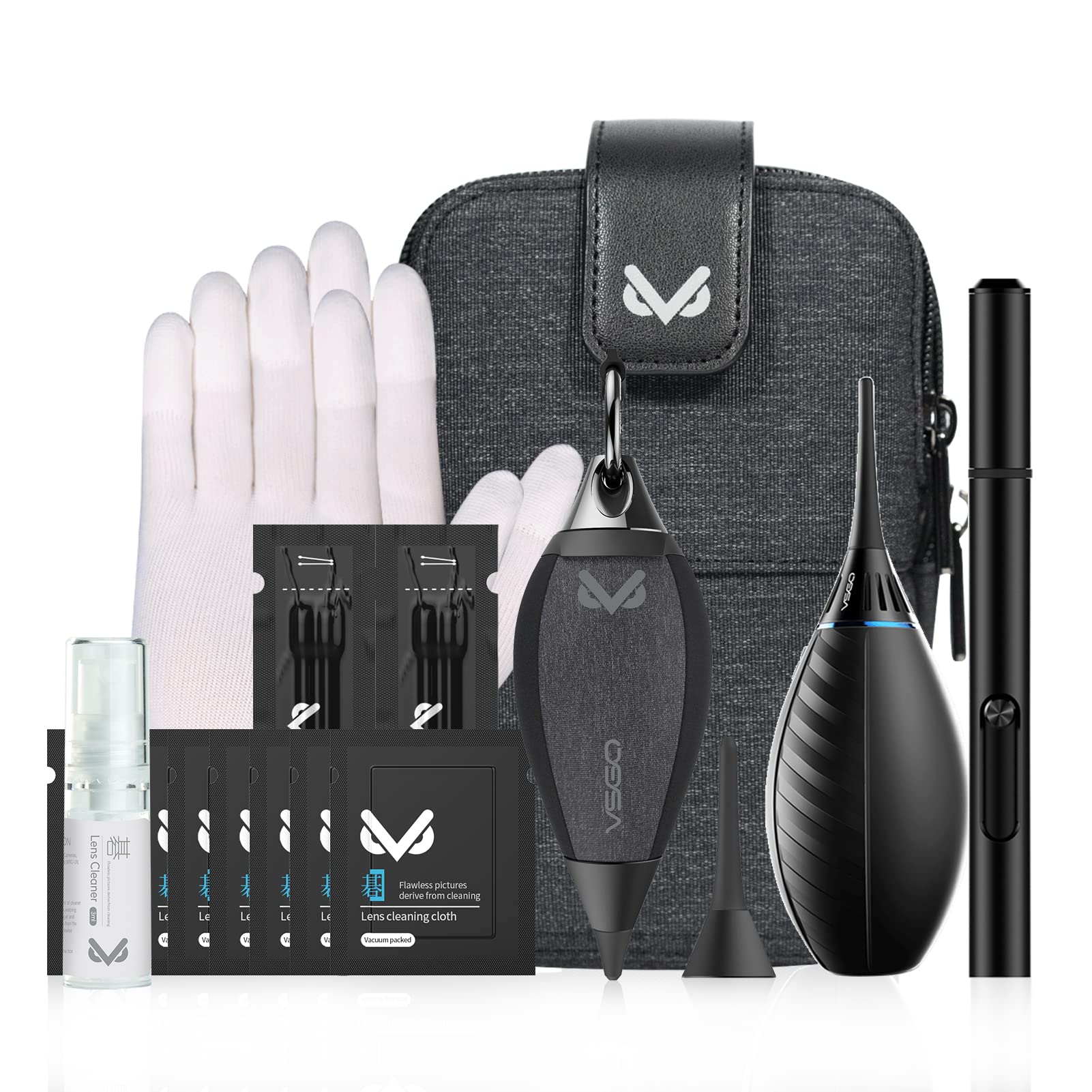 VSGO VS-A3E Professional Camera Cleaning Kit - Portable Bag, Air Blower, Lens Cleaning Pen, Spray, Cotton Swabs & Microfiber Cloth with V-B03E Outdoor Air Blower | Perfect for DSLR, Mirrorless & Action Camera Maintenance