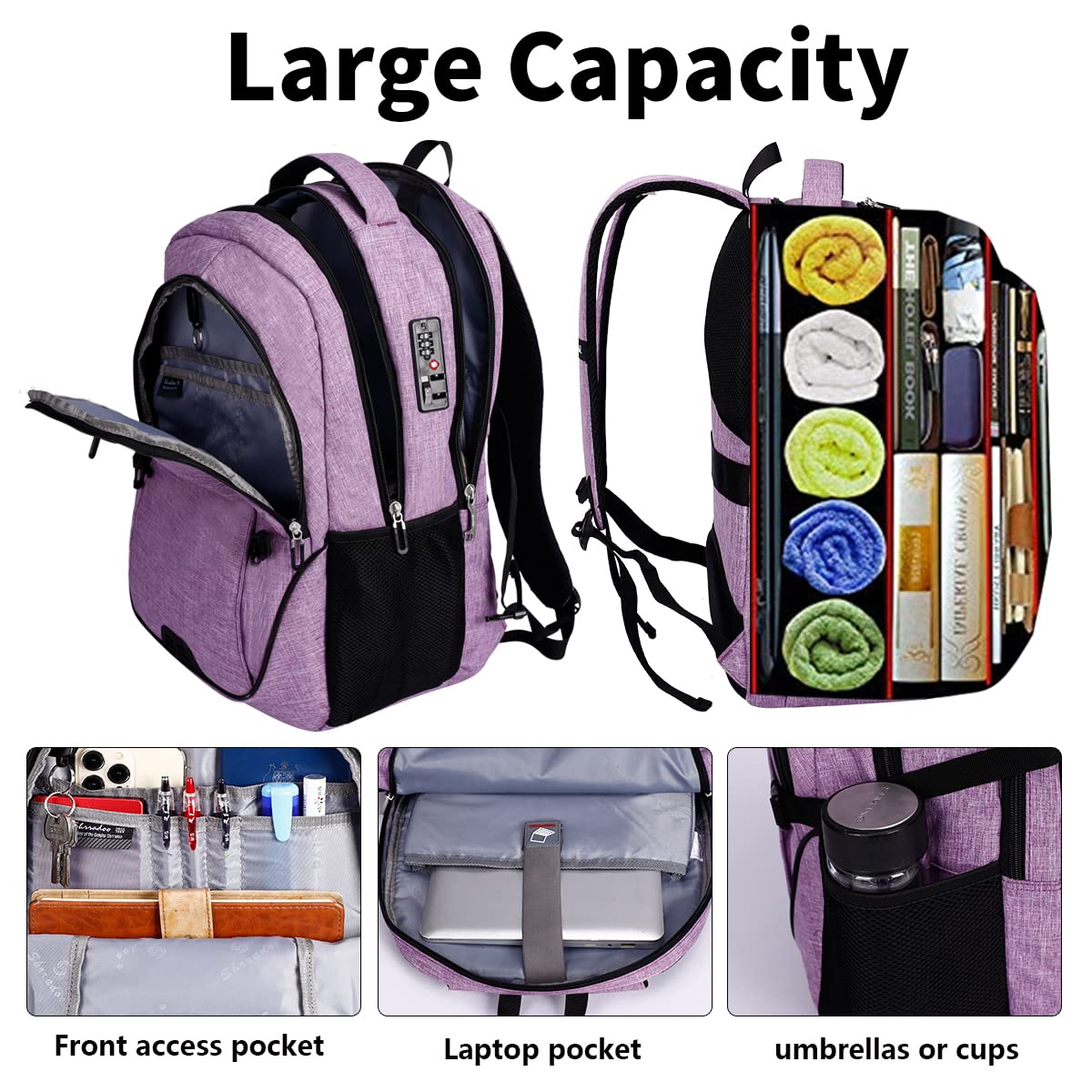 Shradoo Anti-Theft Laptop Backpack with USB Charging Port - Water-Resistant Travel Backpack for Men & Women, College Student Backpack Fits 17 Inch Laptop (Purple) - Perfect for Work, School, Business Trips & Airplane Travel